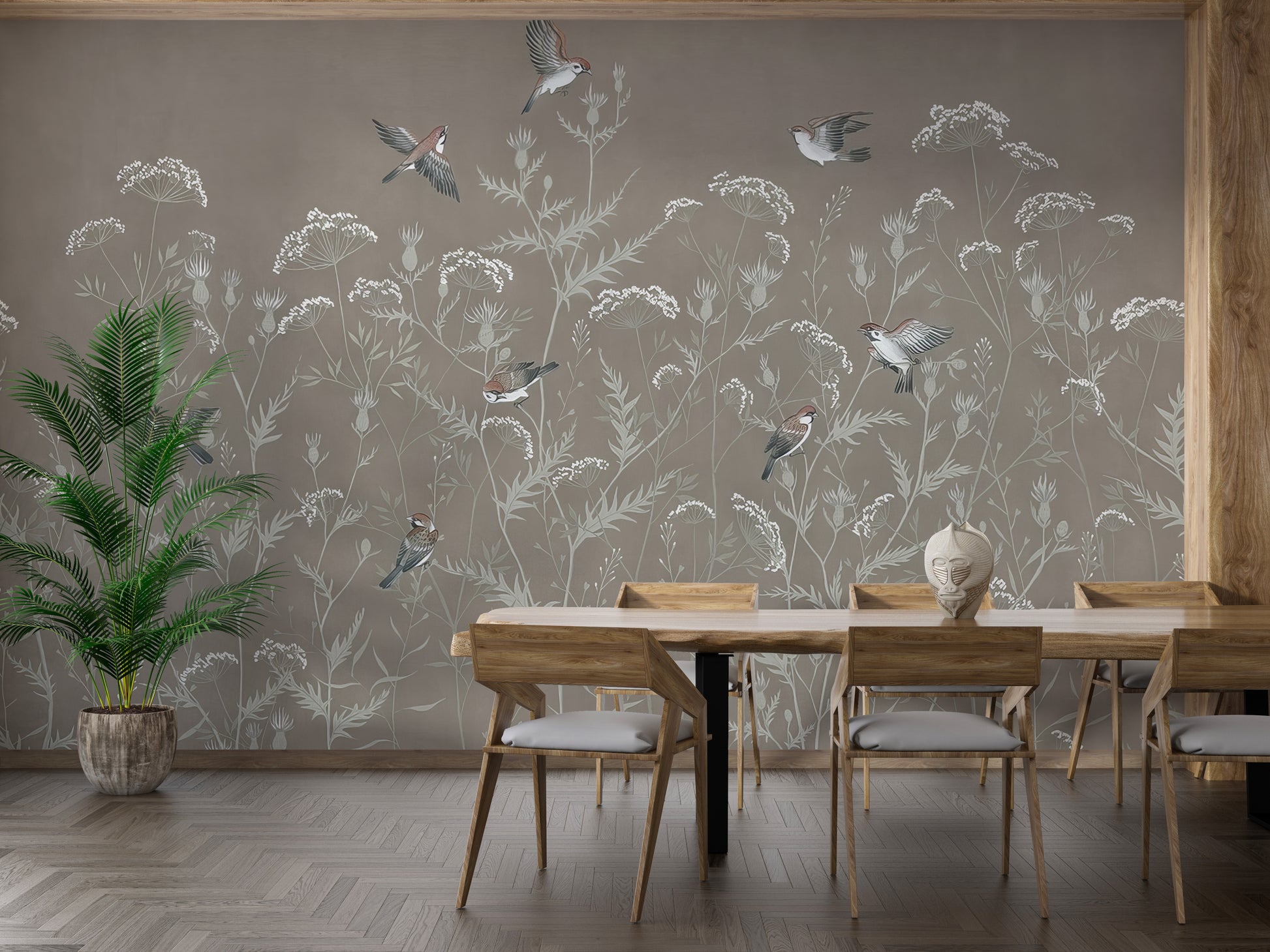 Room wallpaper featuring sparrows in flight and airy designs