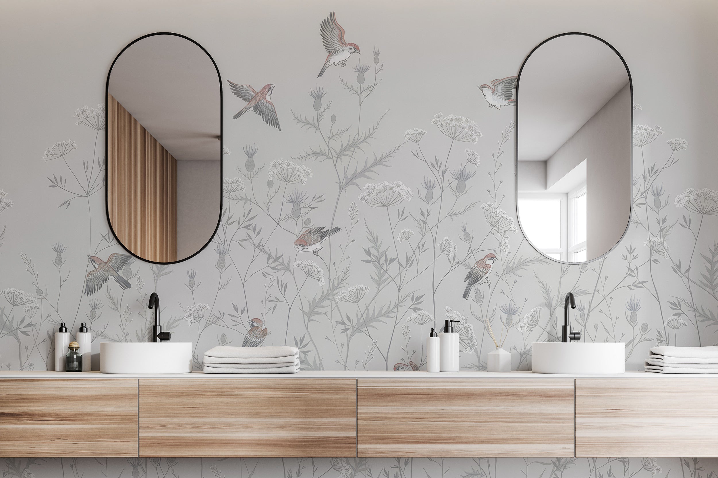 Whispering birds floral wallpaper mural for elegant decor