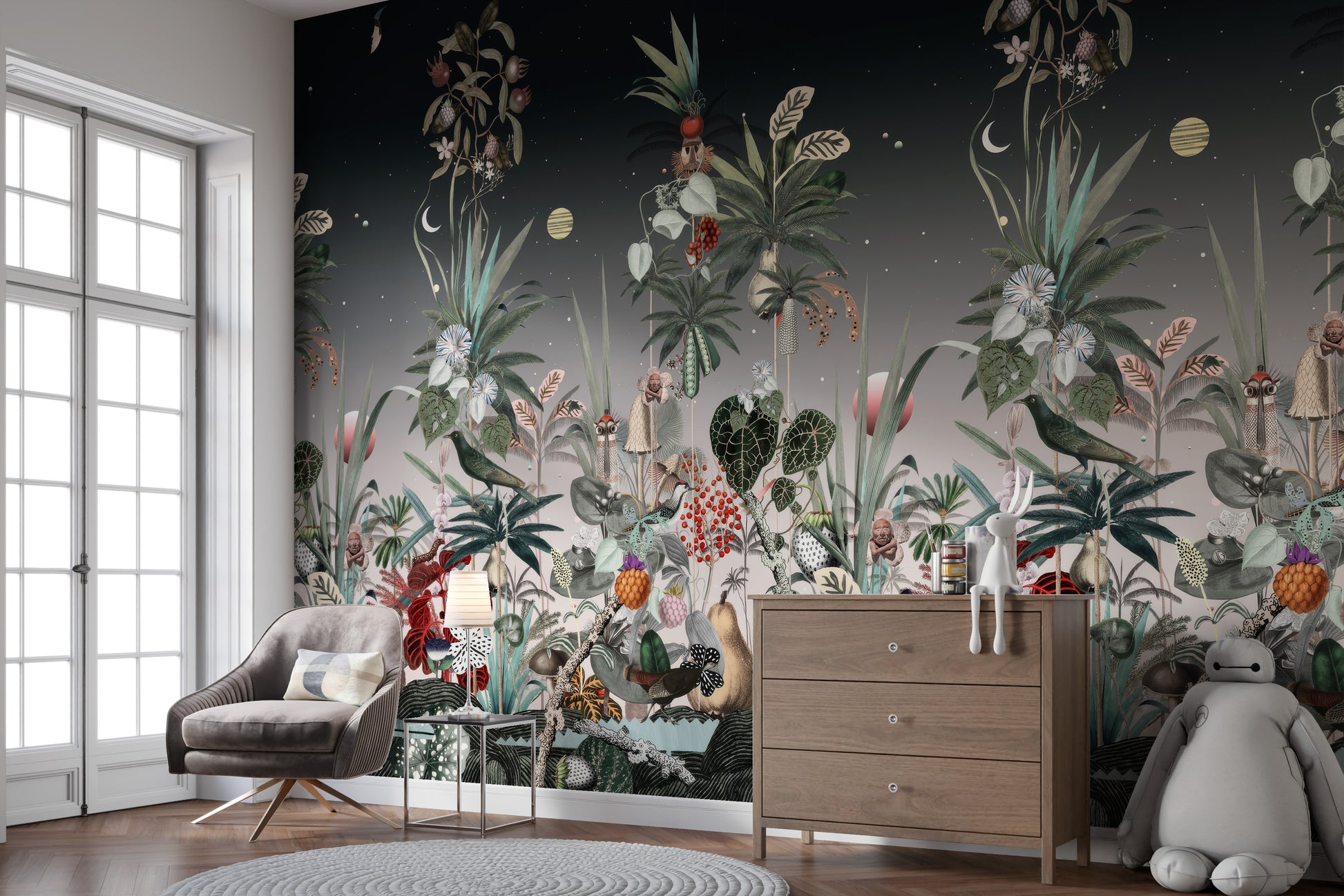 Fruits and plants wallpaper mural with vibrant berries, flowers, and greenery set against a twilight night sky.