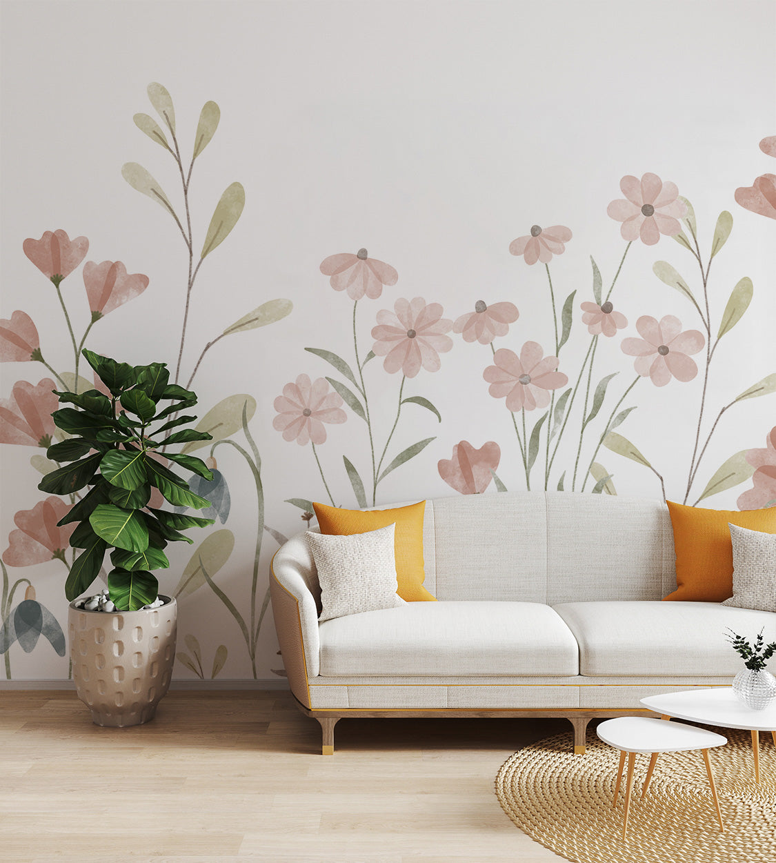 Elegant wildflower wall mural with muted colors
