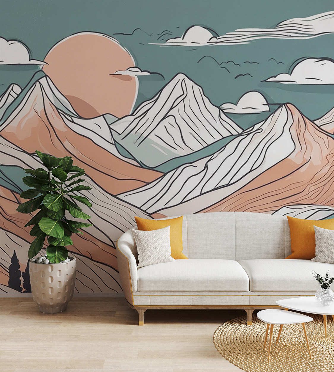 Abstract mountain line art wall covering
