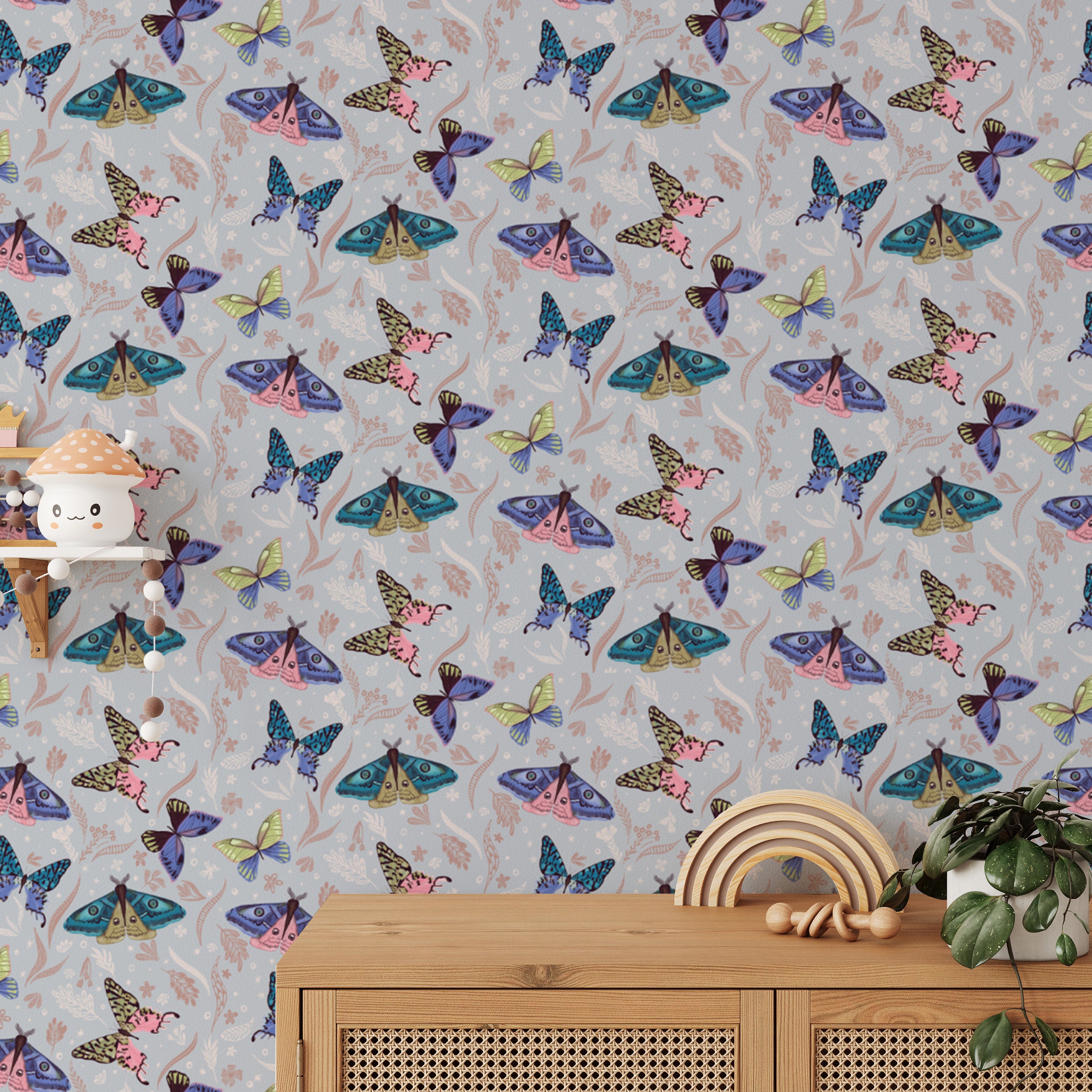 Bright wallpaper showcasing a pattern of colorful butterflies
