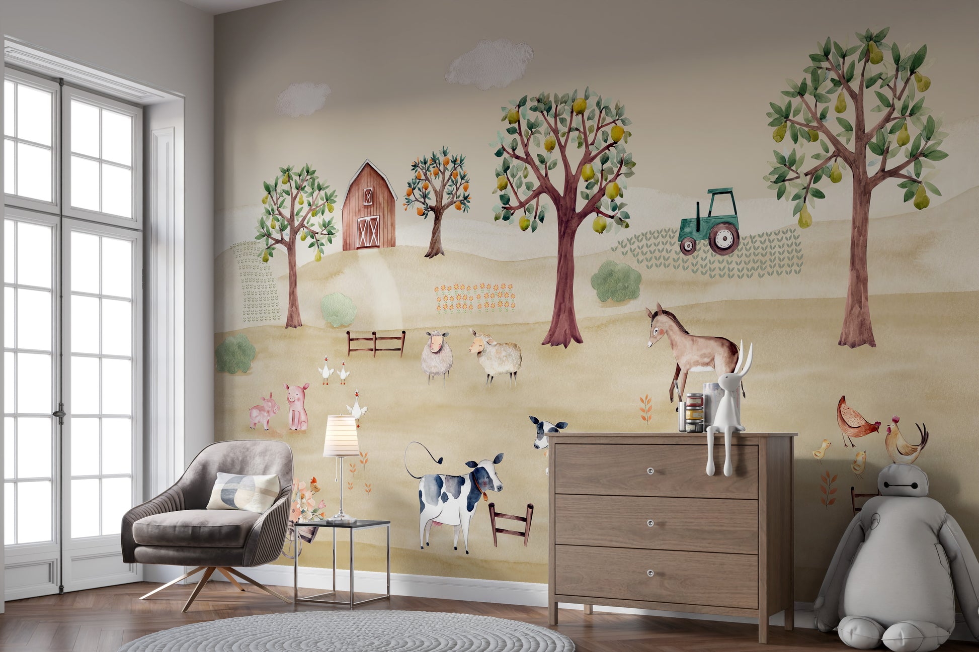 Countryside farm mural with barns and open pastures