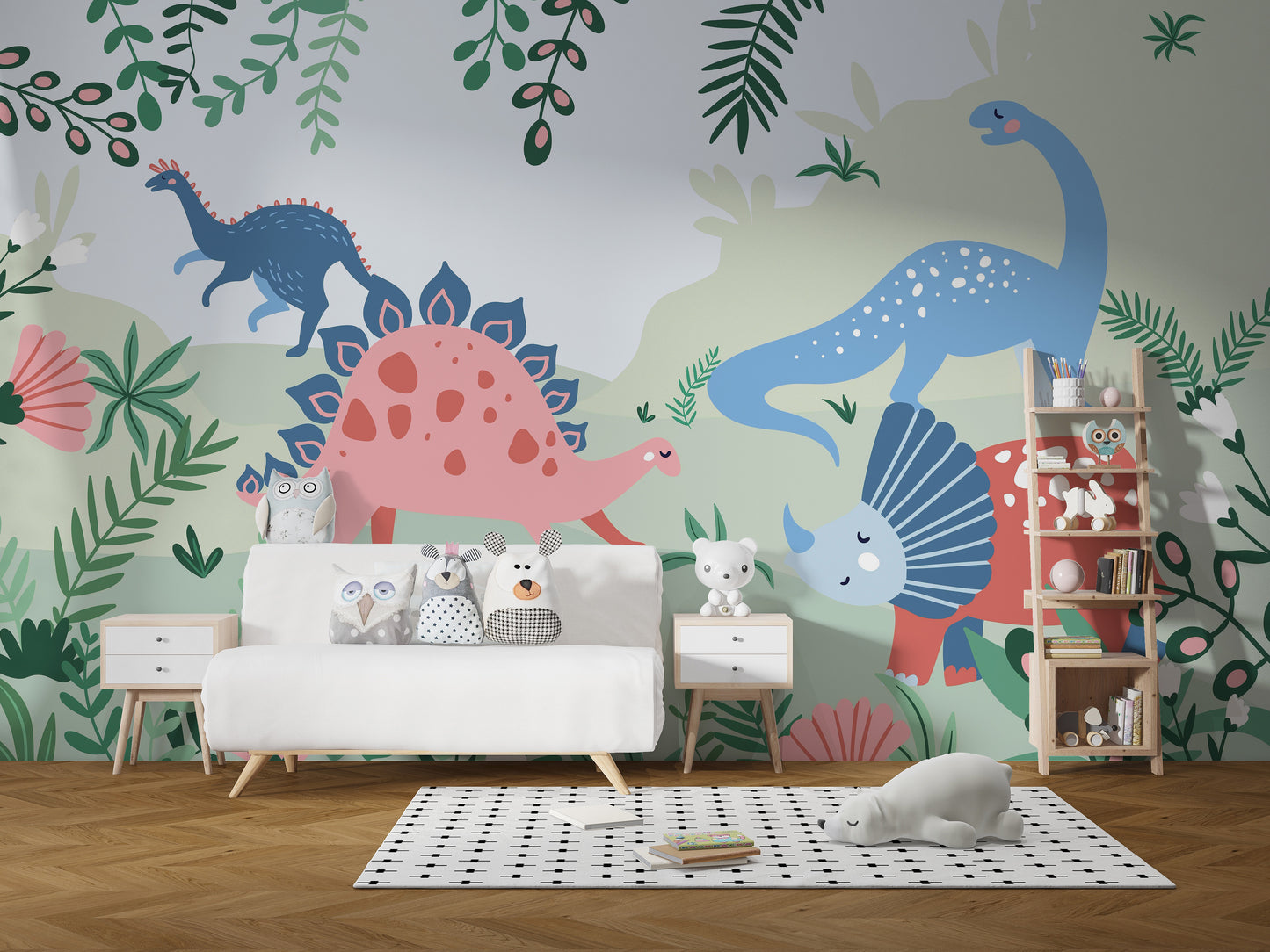 Fun Jurassic Park wallpaper mural with roaring dinosaurs.
