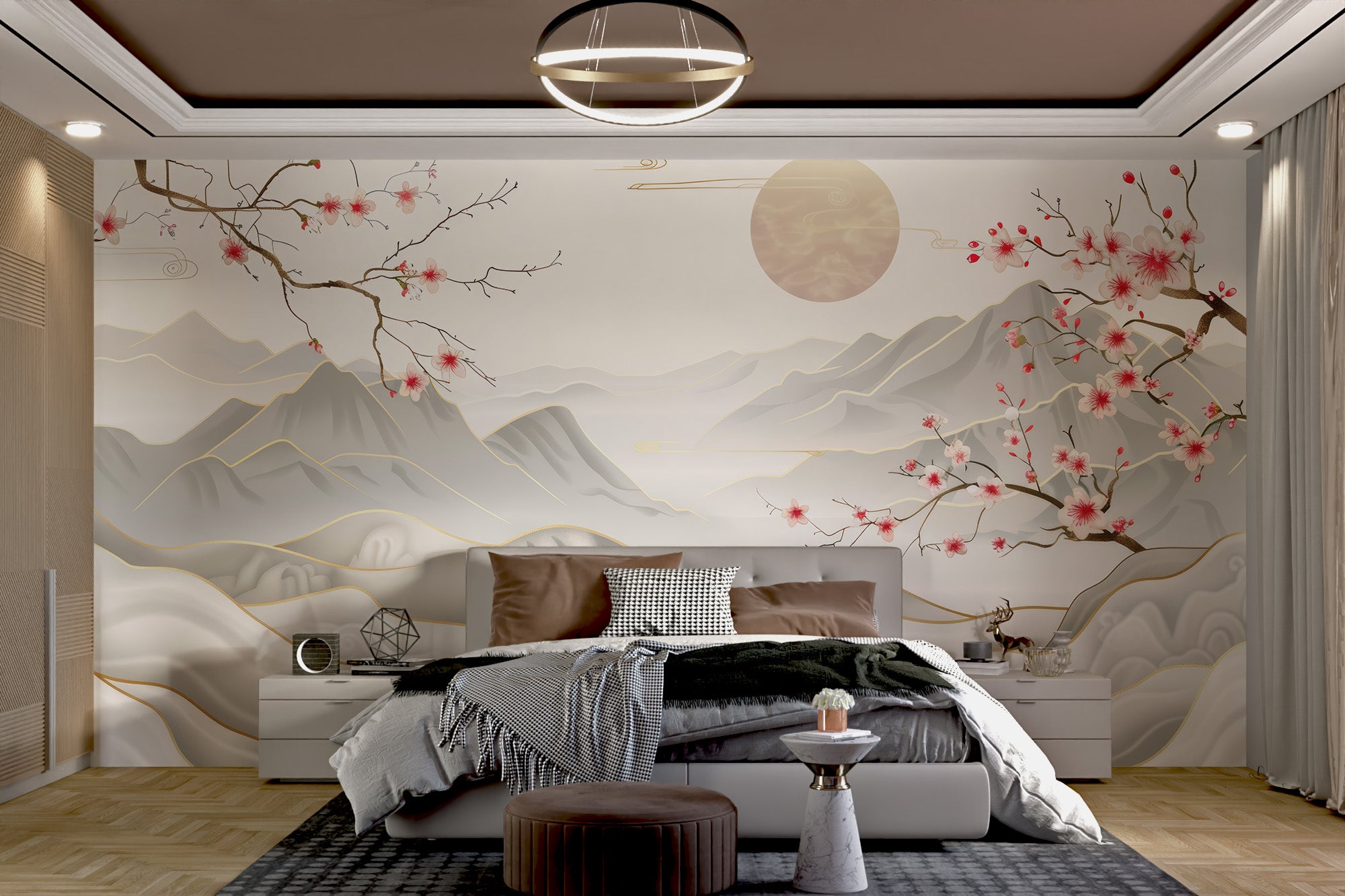 Elegant Asian-inspired wallpaper with misty mountains
