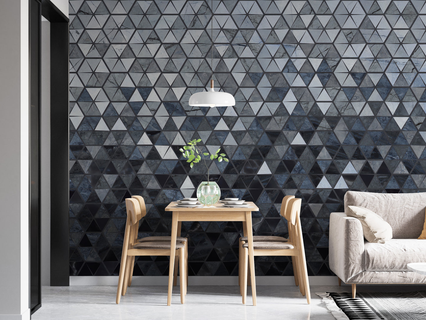 Sophisticated blue triangle wall decor.
