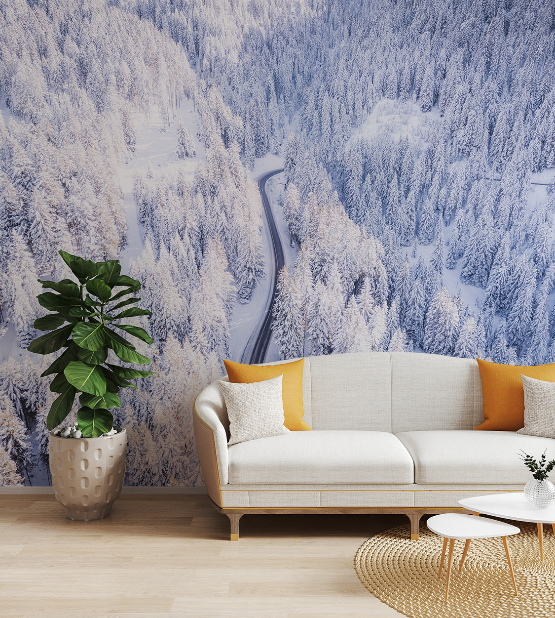 Snow-covered pine forest wall decor
