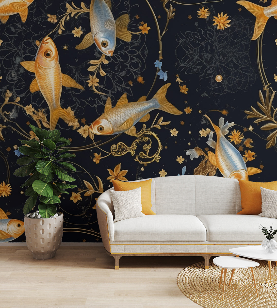 Luxury goldfish pattern wallpaper with floral accents