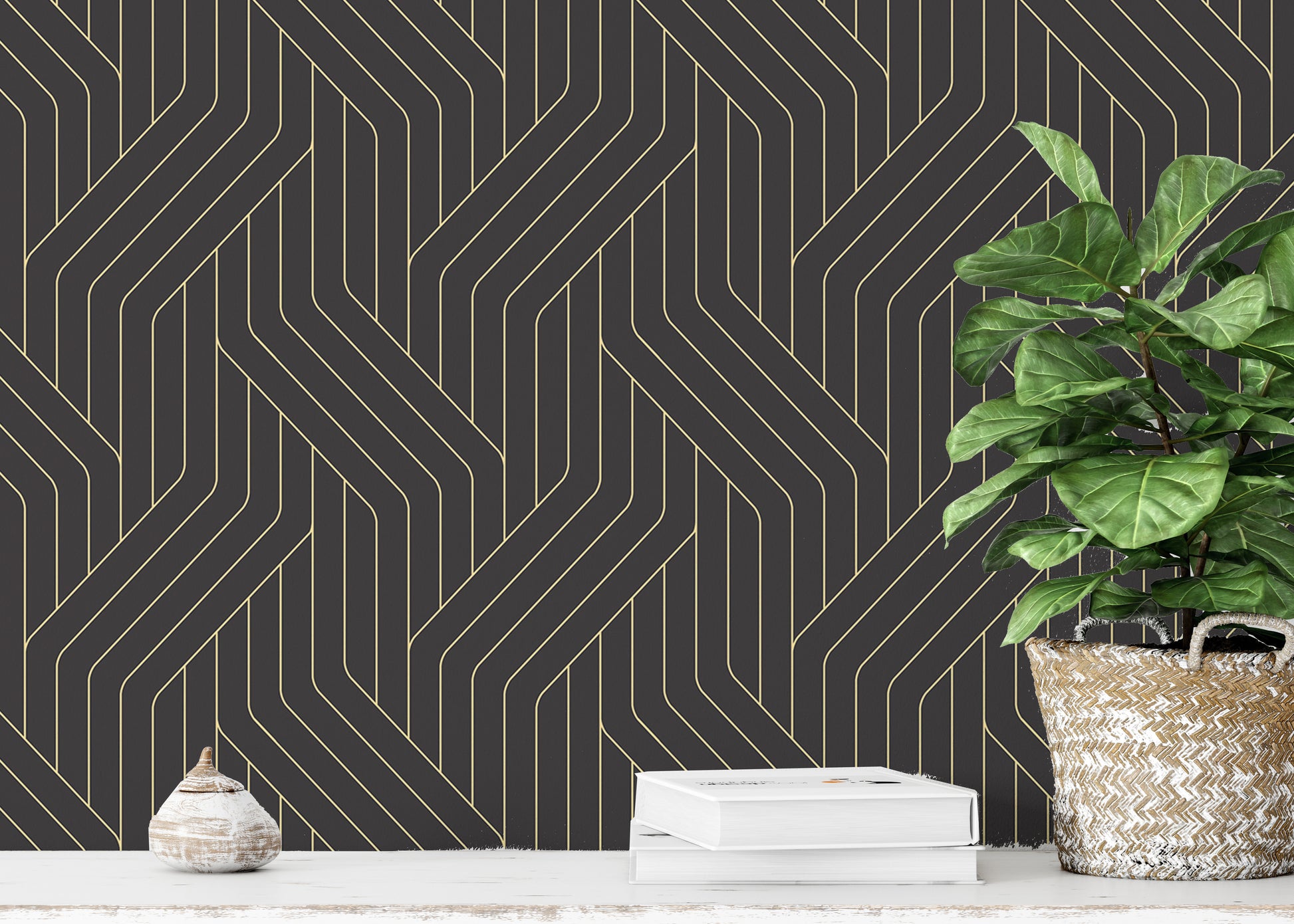 Stylish black wallpaper with ornate gold lines.