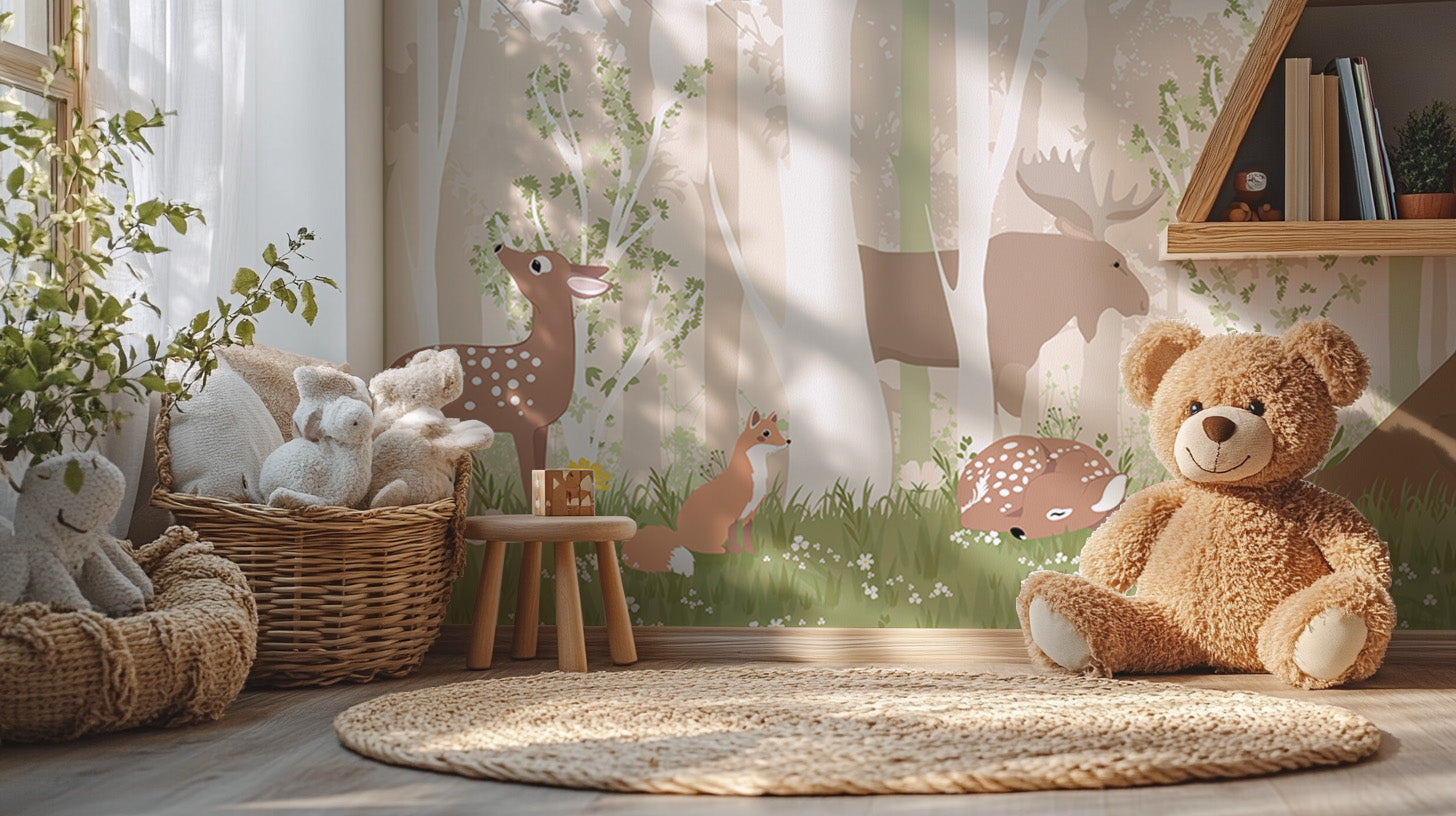 Playful wildlife animal wallpaper mural for kids' room
