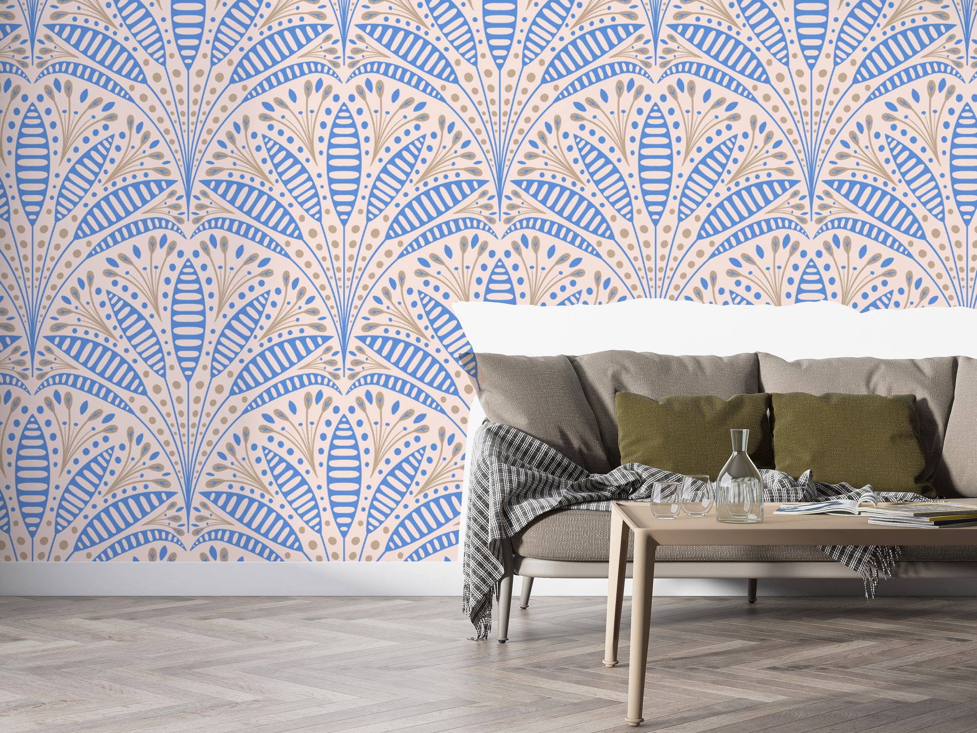 Wallpaper showcasing elegant blue palms in Art Deco style
