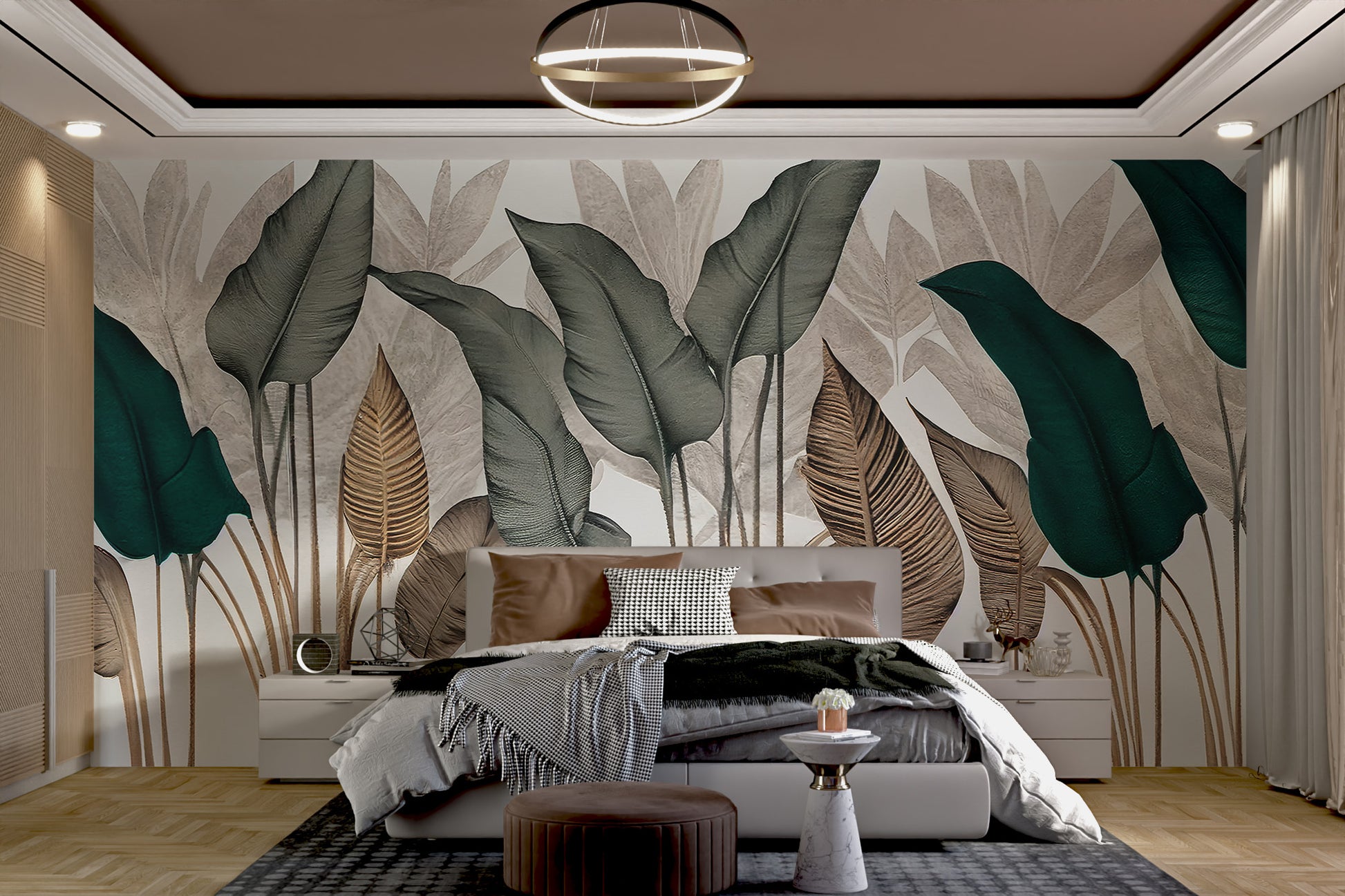 Botanical wall mural featuring modern leaf patterns
