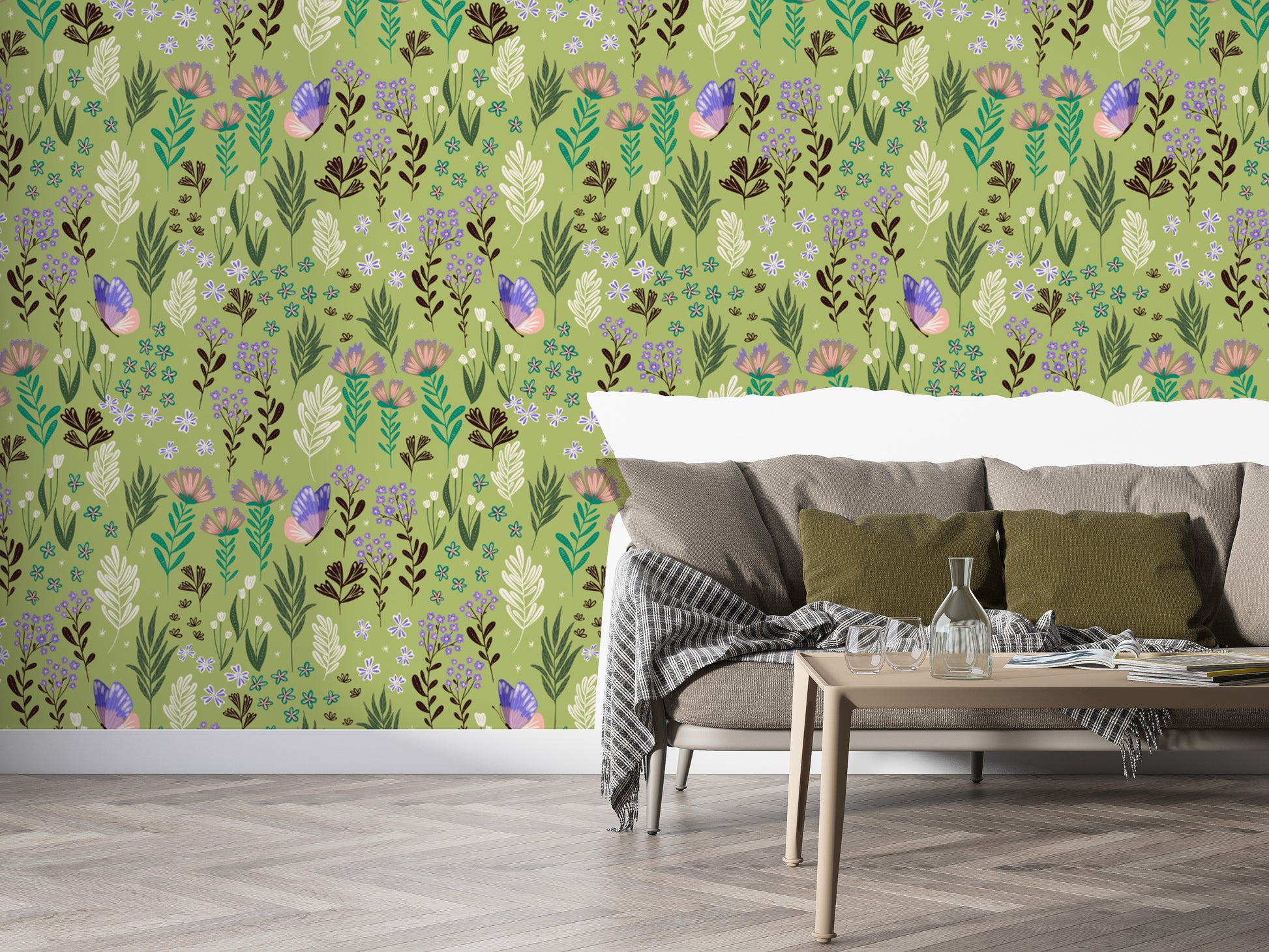 Vibrant butterfly meadow design for green wall interiors
