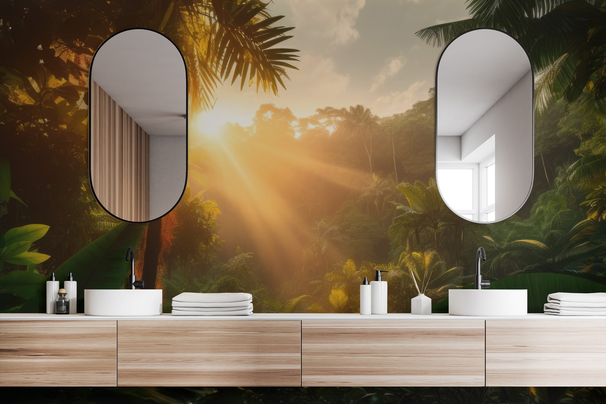 Removable jungle sunrise wallpaper for nature-inspired spaces