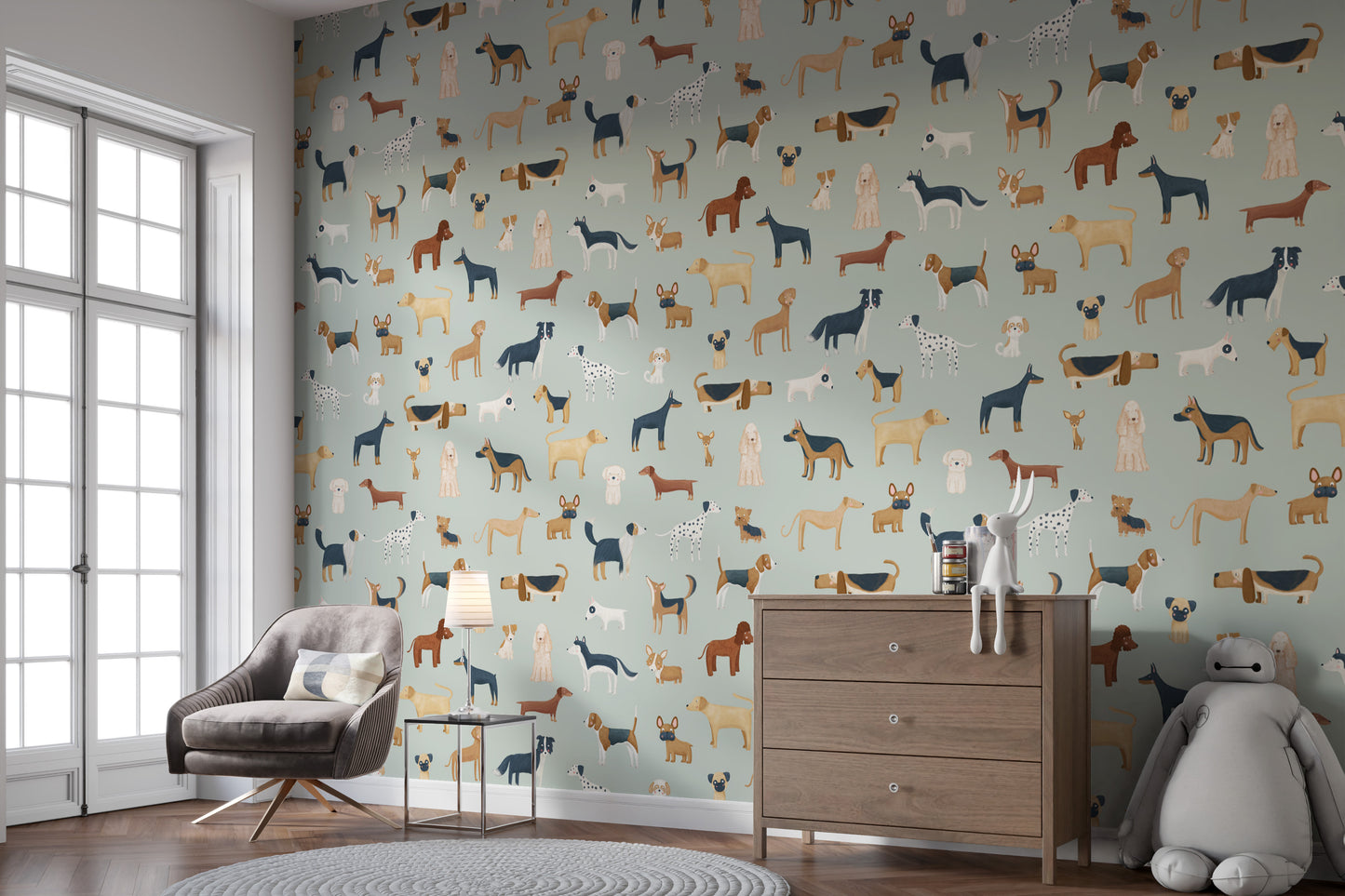 Dog breed pattern on mint green wallpaper for decor
