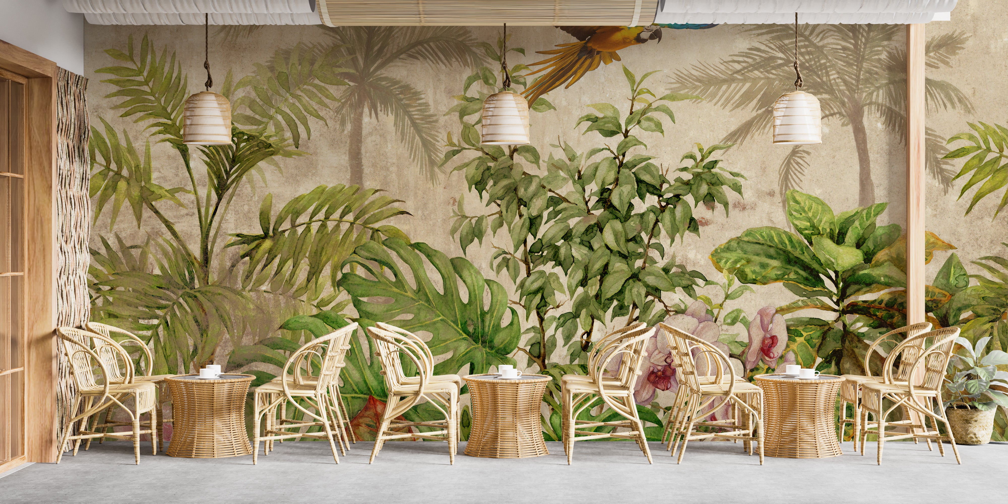 Exotic tropical birds wallpaper mural design
