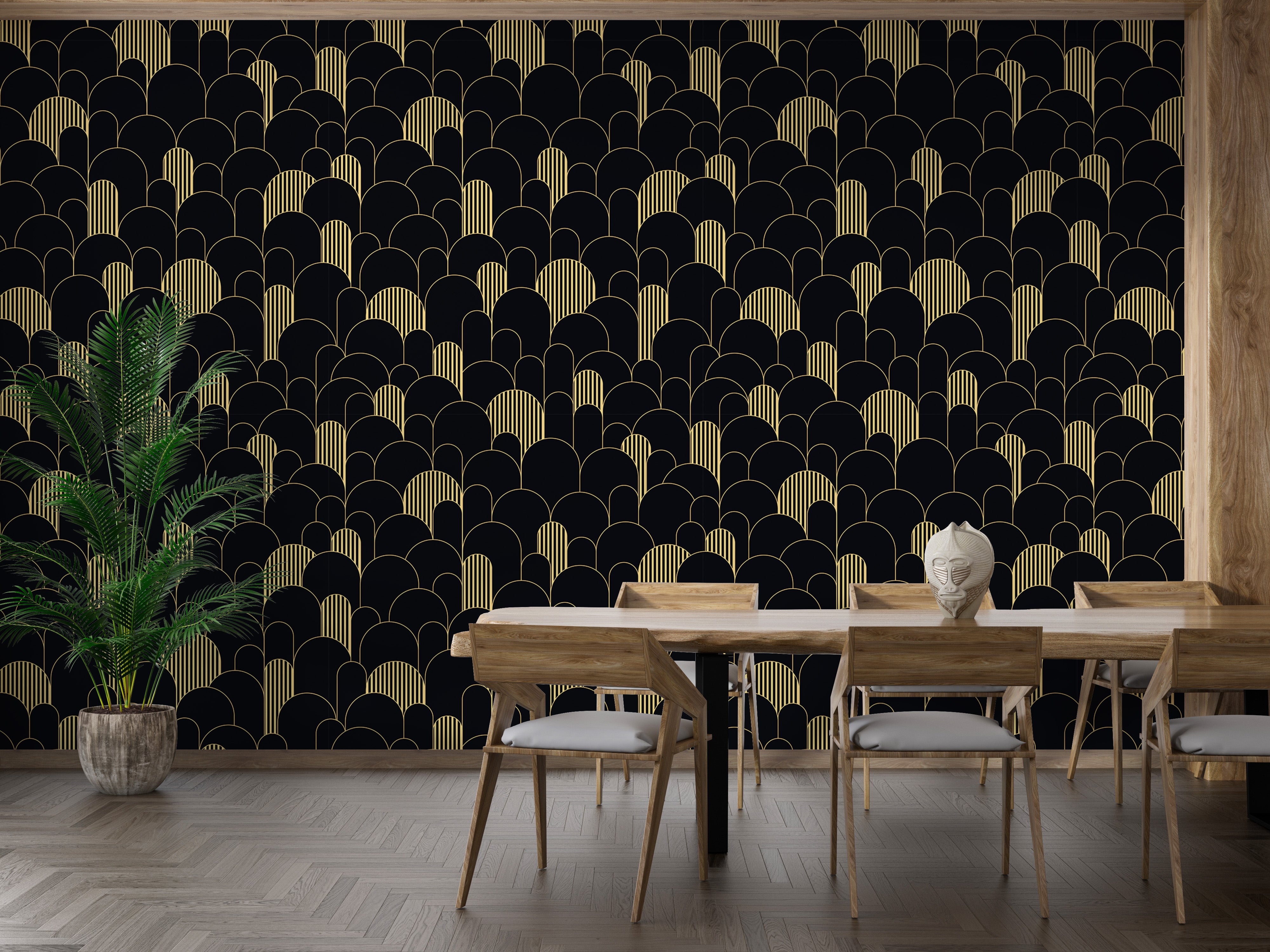 Elegant golden Deco line wallpaper for walls.