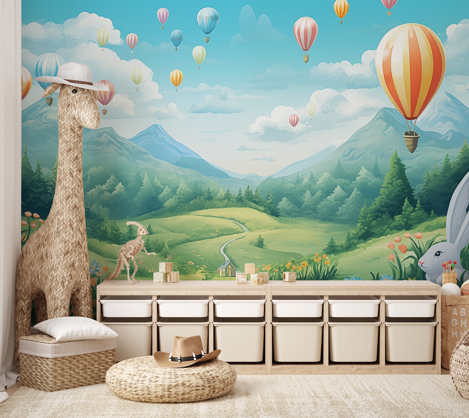 Children’s wallpaper with balloons and fluffy clouds
