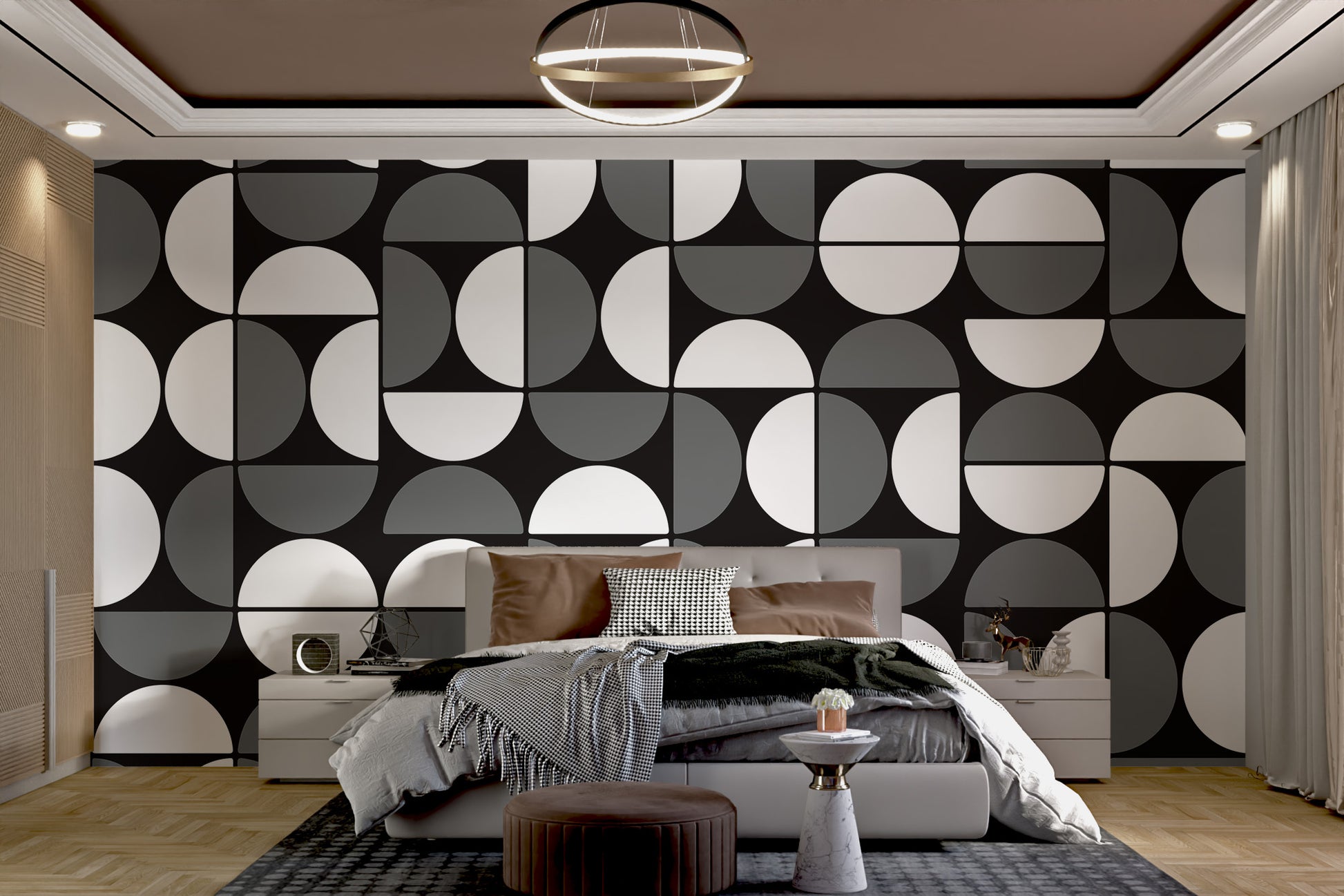 High-contrast geometric wallpaper in black and white
