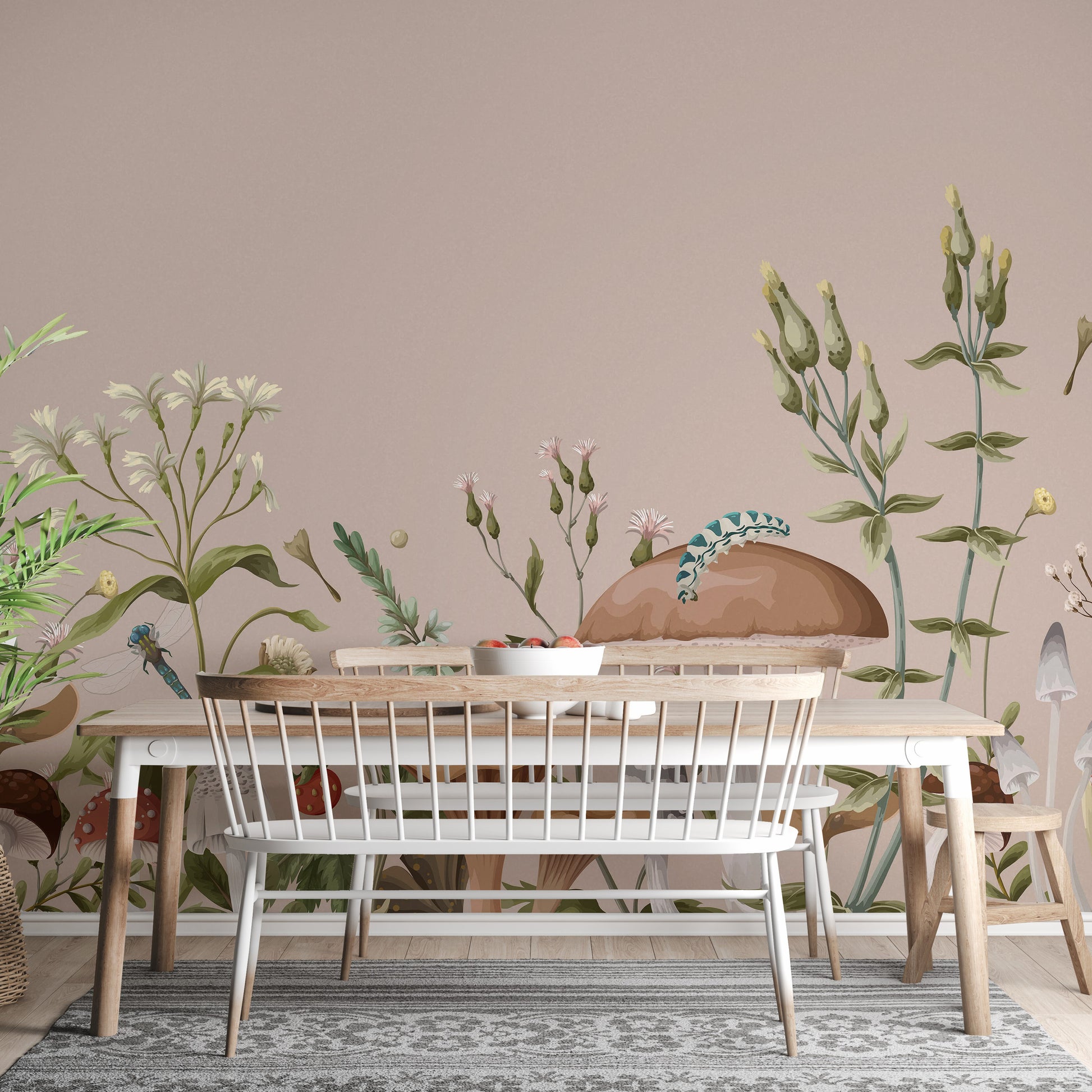 Dreamy fantasy mushroom garden mural for kids' rooms
