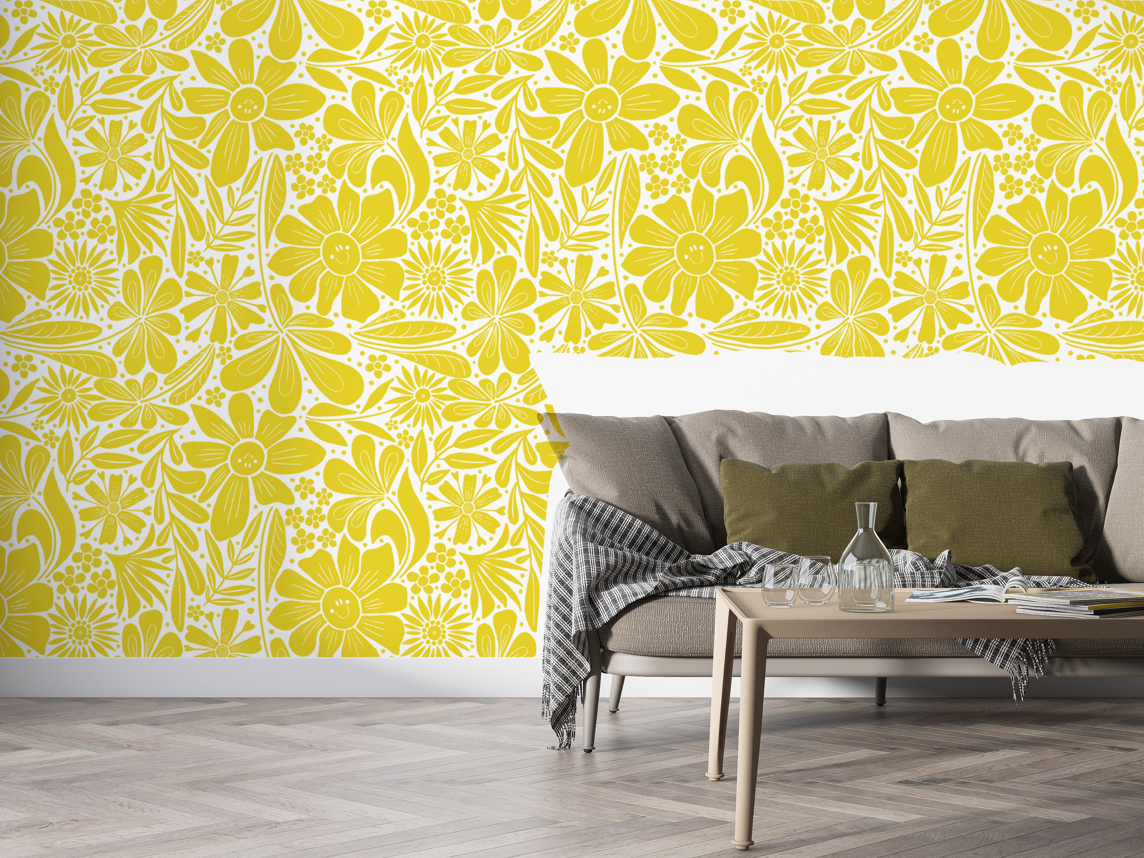 Yellow wallpaper showcasing blooming flowers for lively decor
