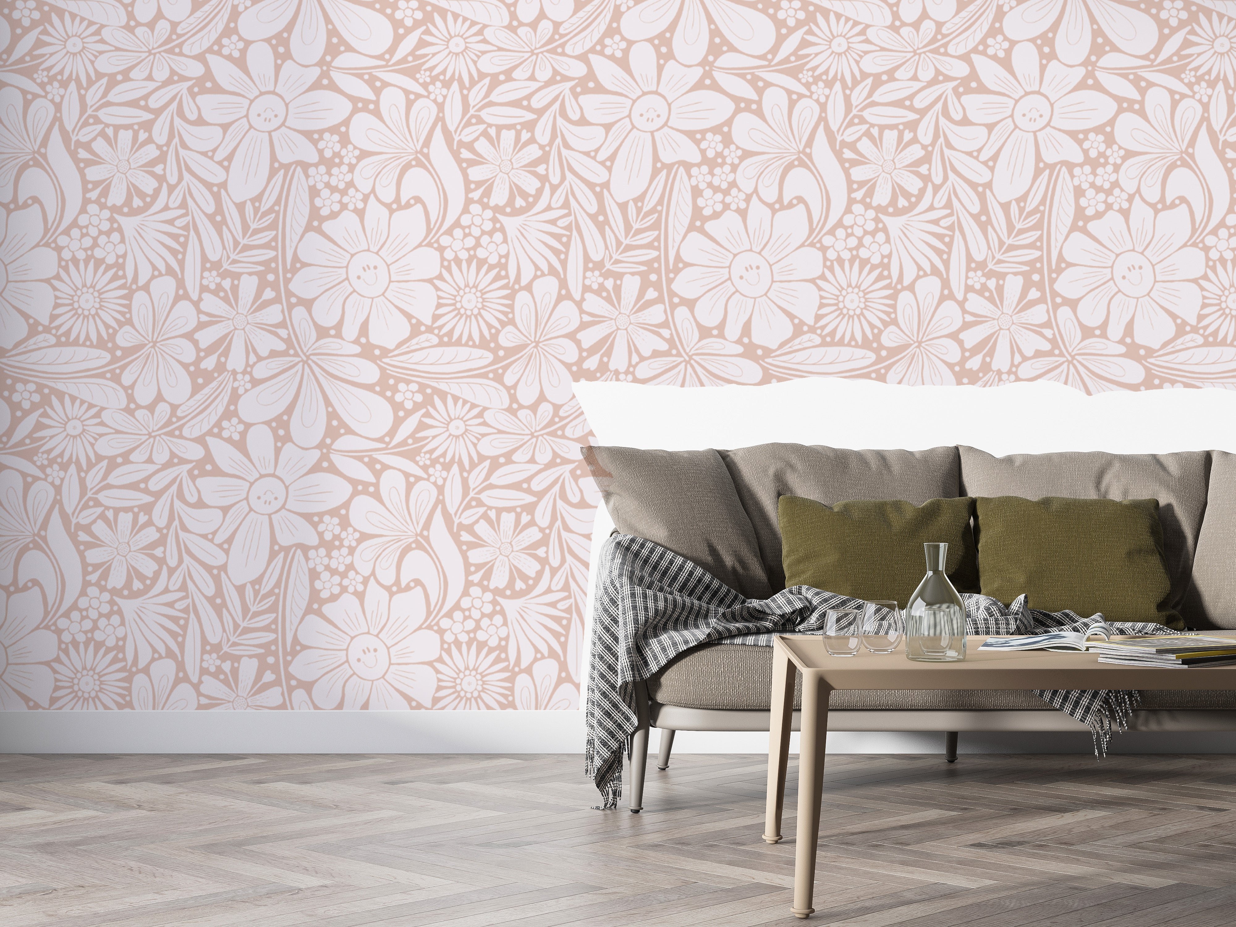 Stylish pastel pink wallpaper with cheerful flower designs
