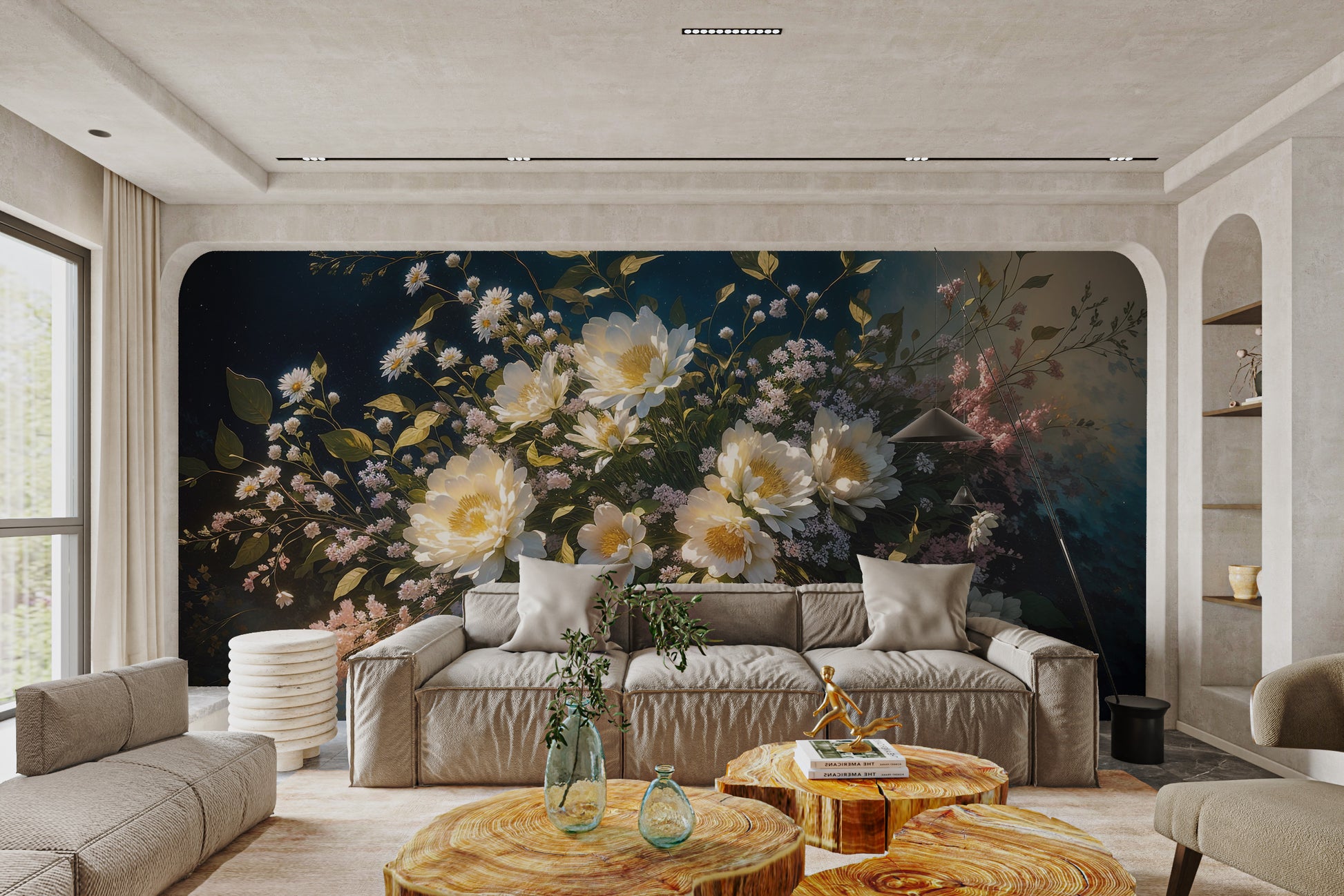 Artistic floral mural with soft brushstrokes
