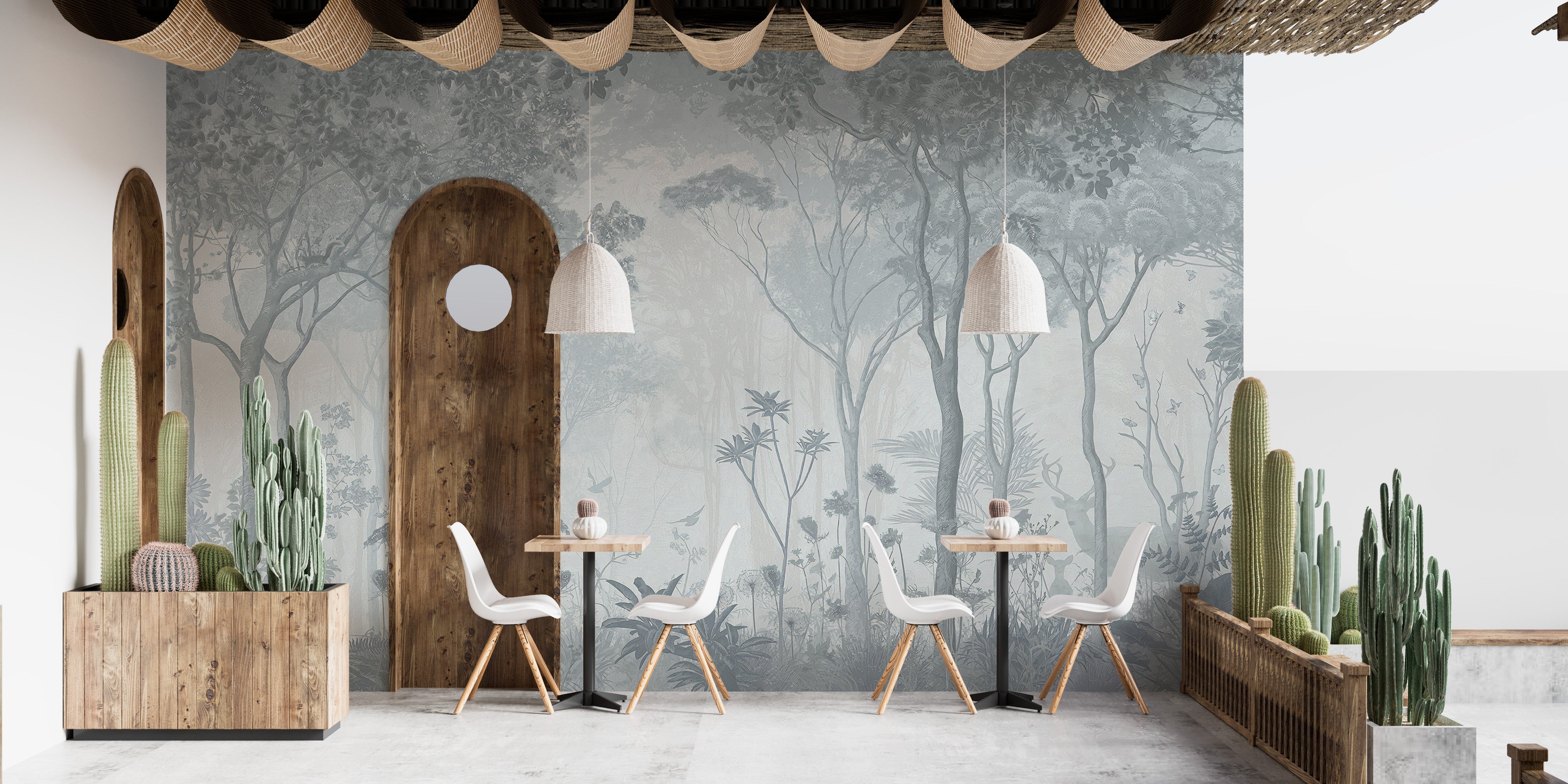 Ethereal foggy forest mural with details