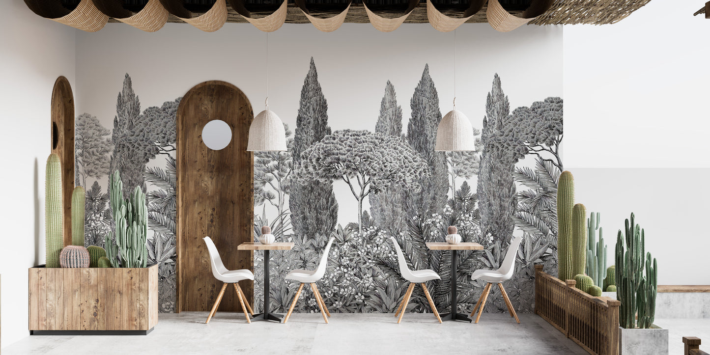 Grey deodar mural with dreamy forest vibes