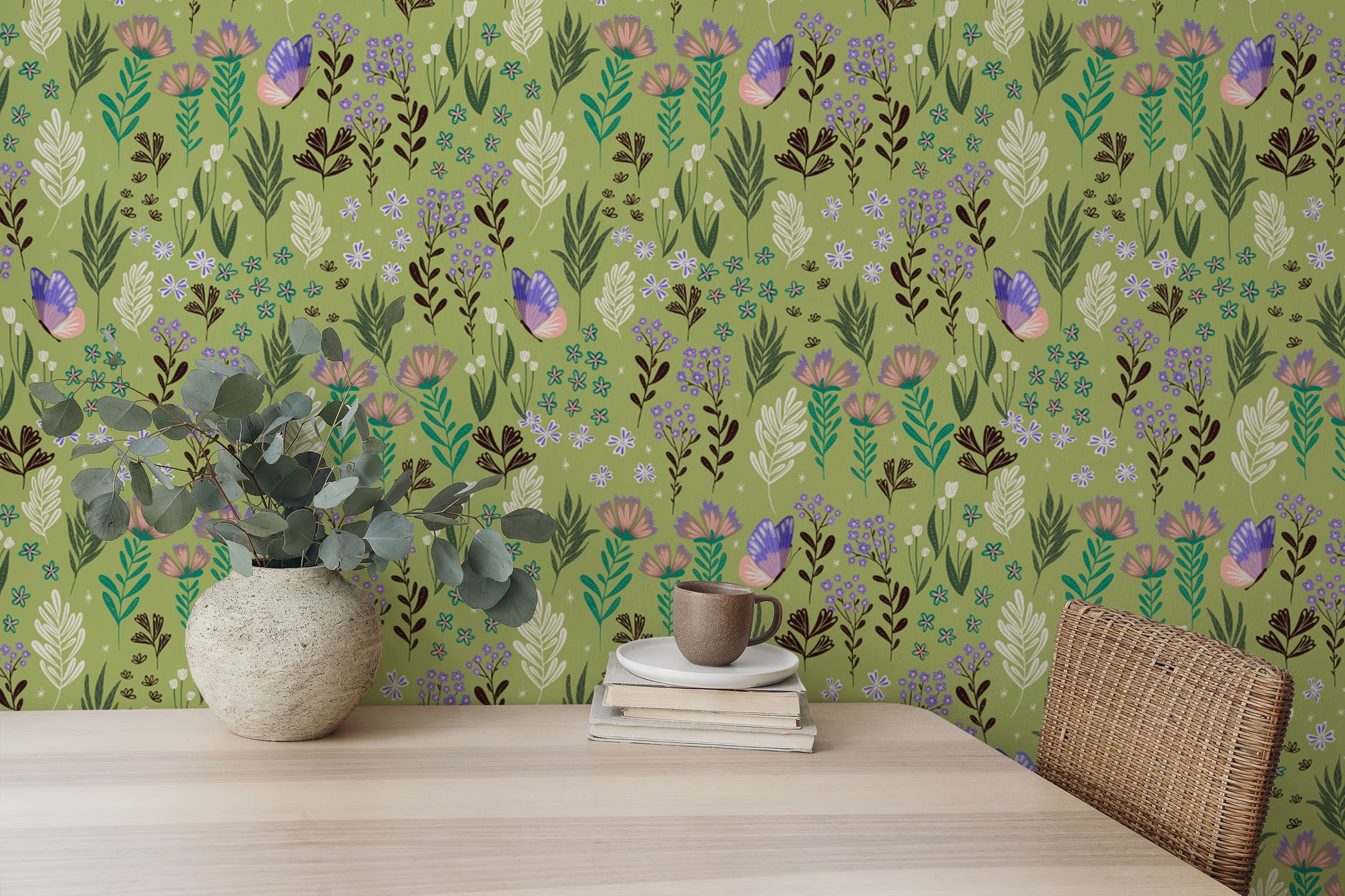 Green wallpaper with charming meadow and butterfly motifs
