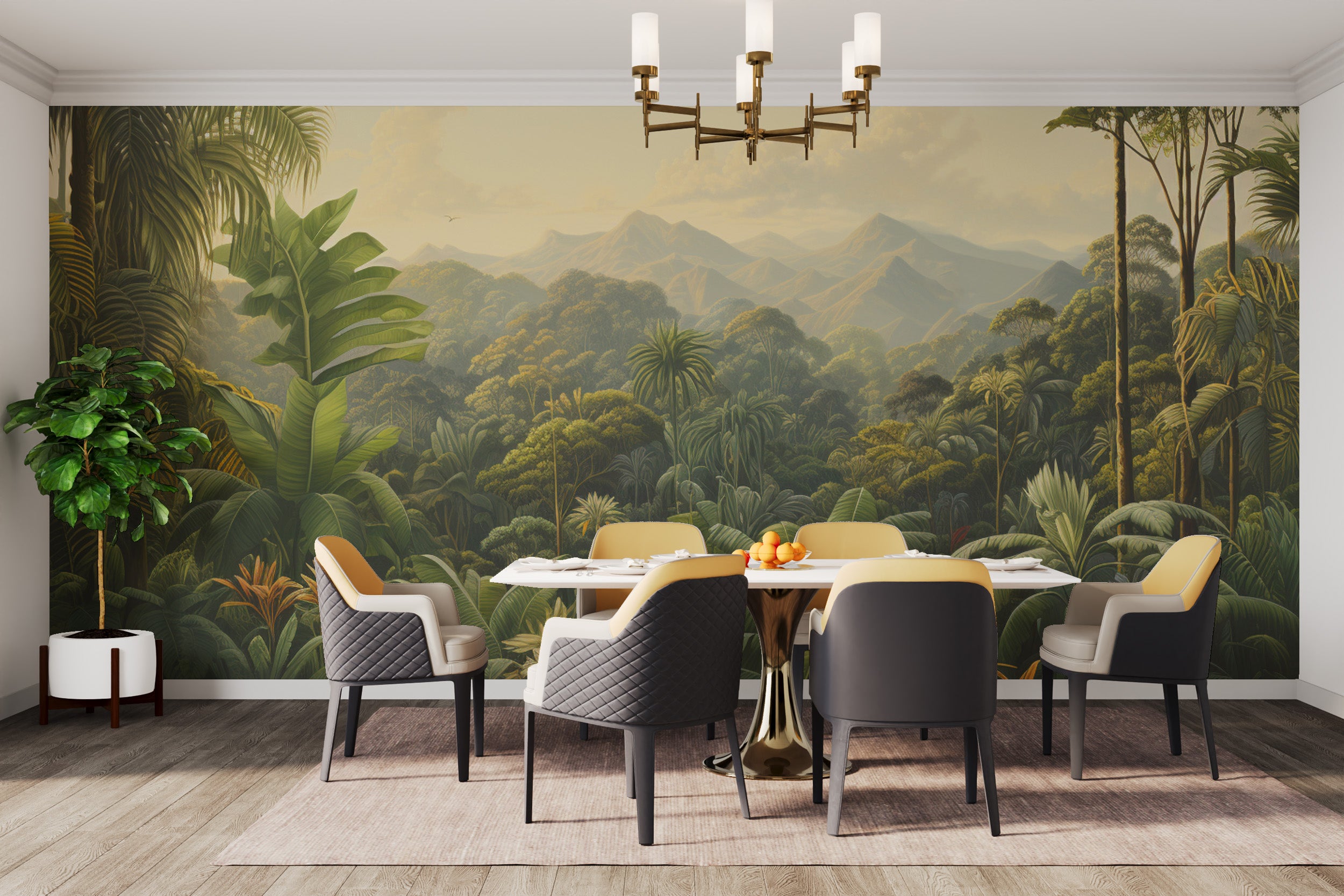 Vibrant dense green tropical rainforest mural for walls
