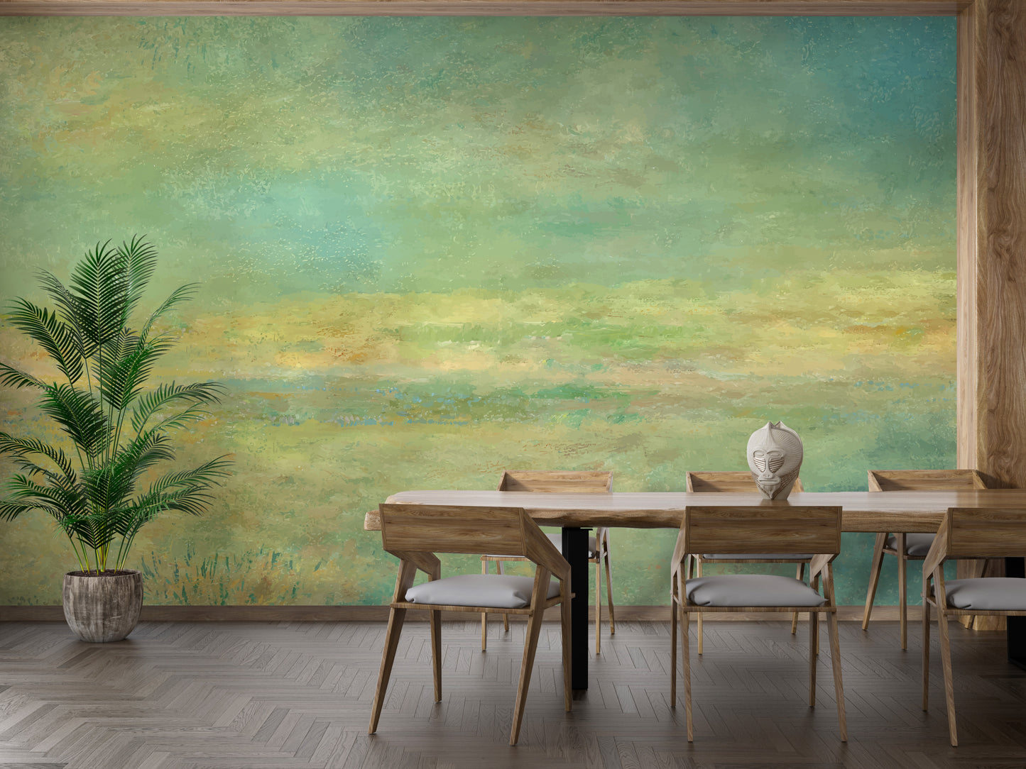 Textured countryside landscape wallpaper for peaceful walls
