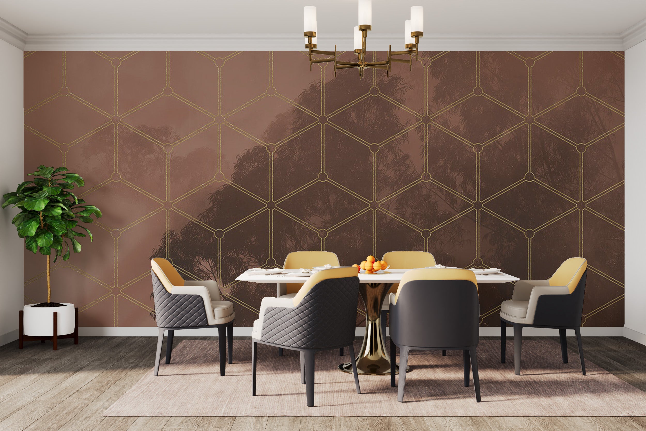 Golden geometric forest wallpaper mural for upscale spaces