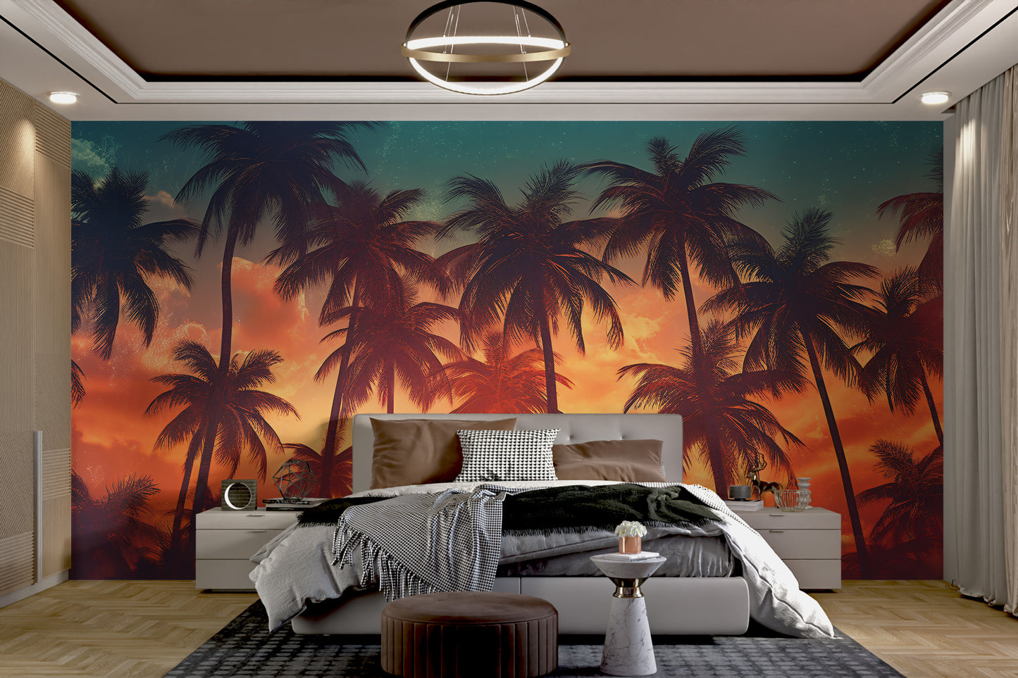 Beach sunset wall mural with silhouetted palms
