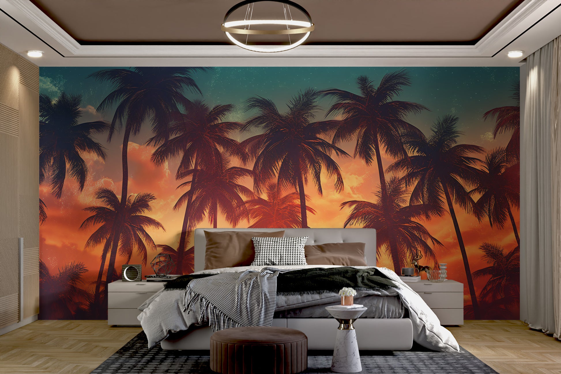 Beach sunset wall mural with silhouetted palms
