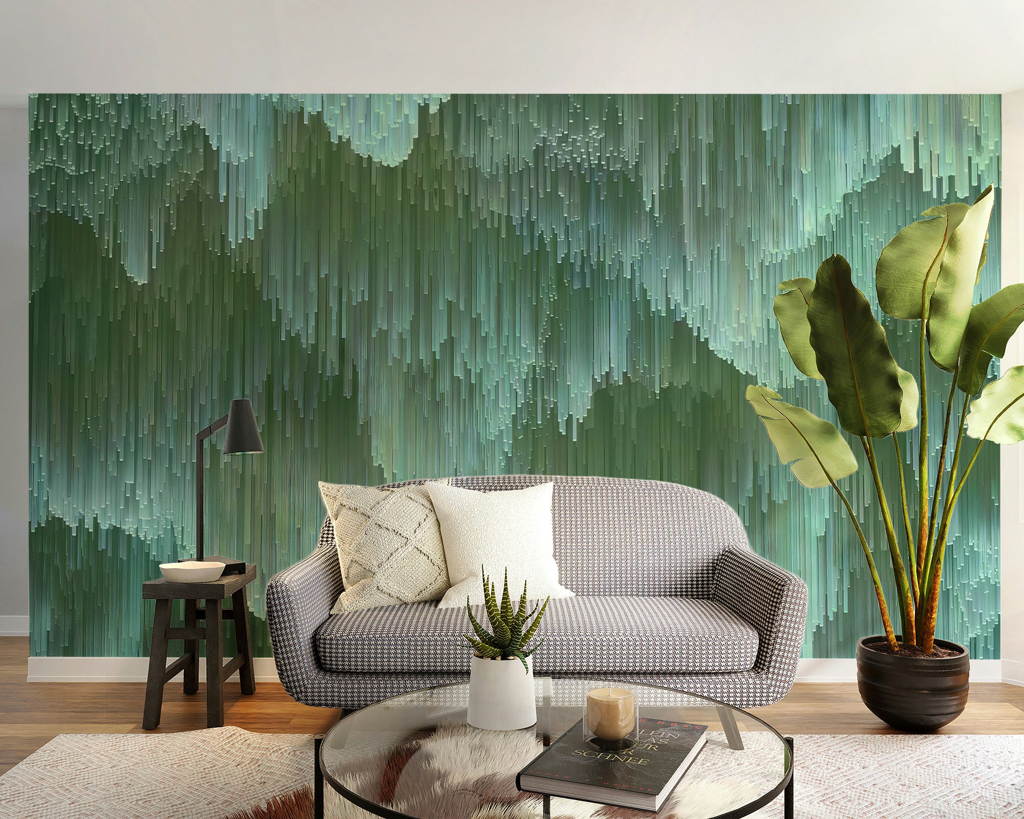 Artistic wall mural featuring abstract green crystal patterns
