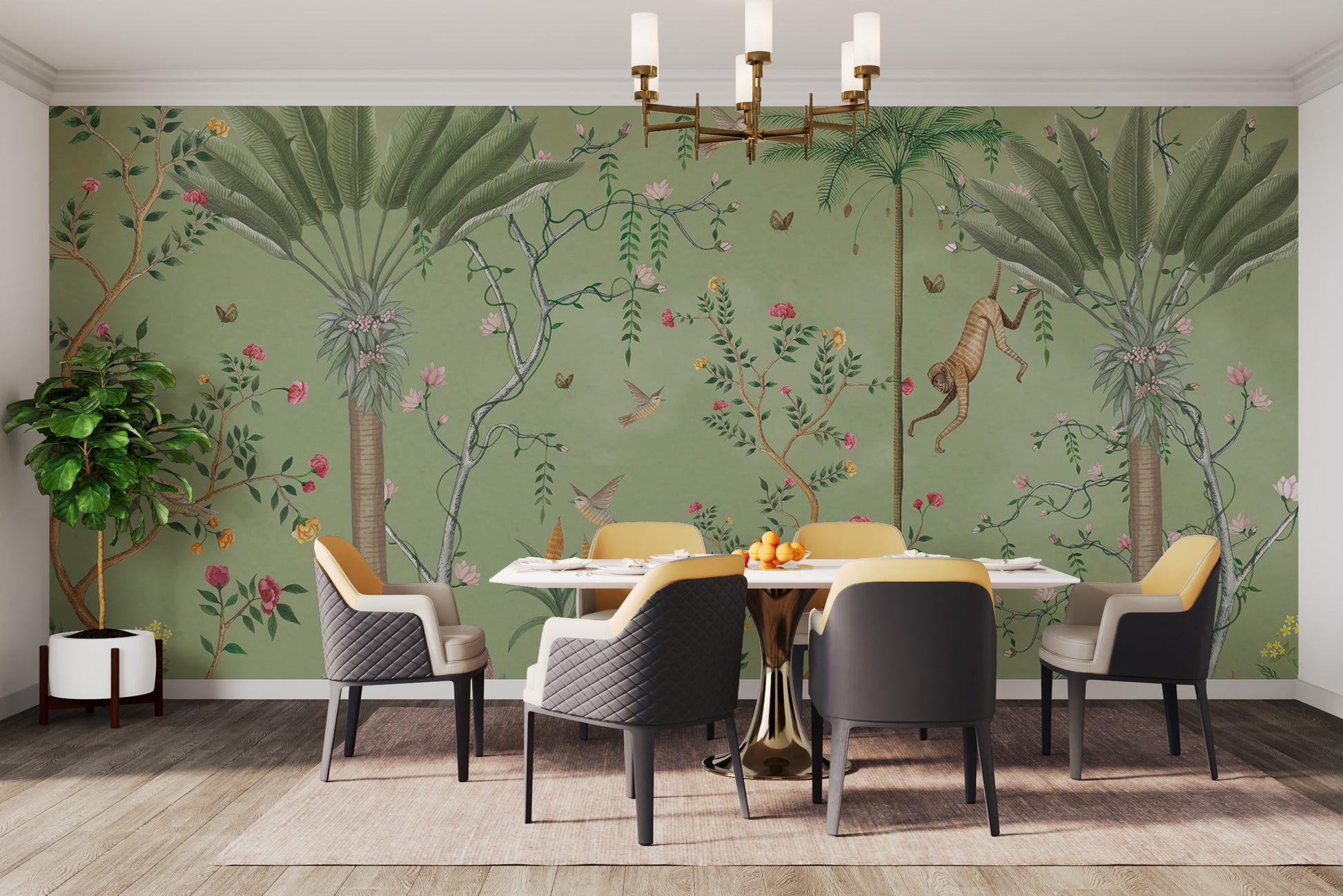 Artistic green tropical chinoiserie mural for modern decor
