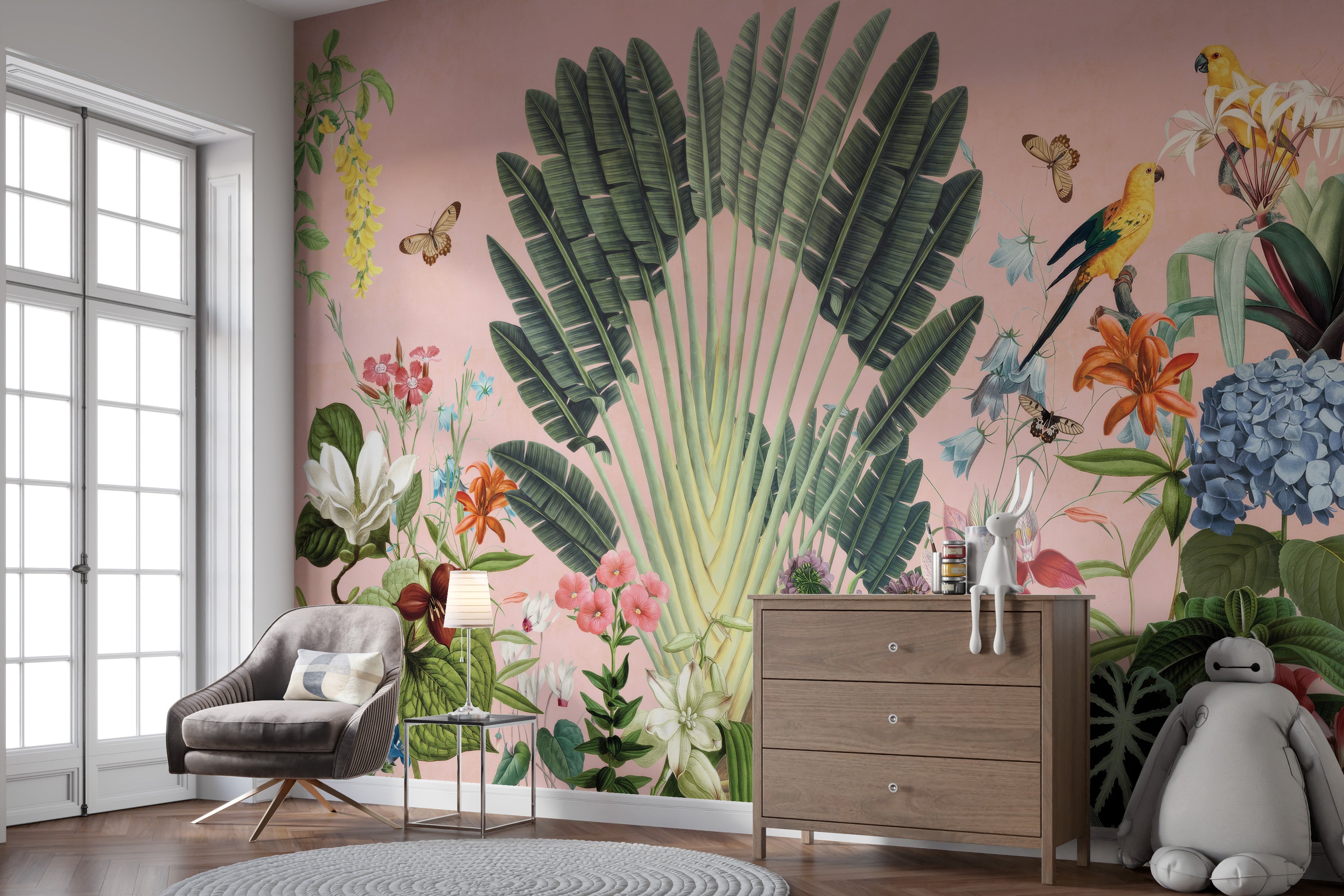 Botanical-themed wall mural with detailed plant illustrations
