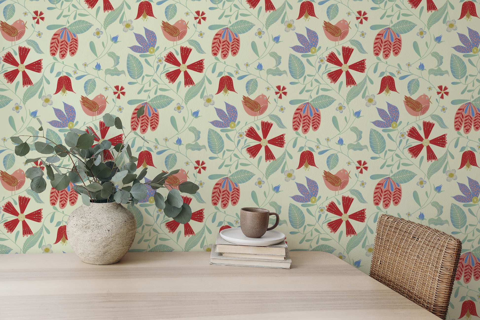 Artistic wallpaper showcasing charming folksy bird illustrations