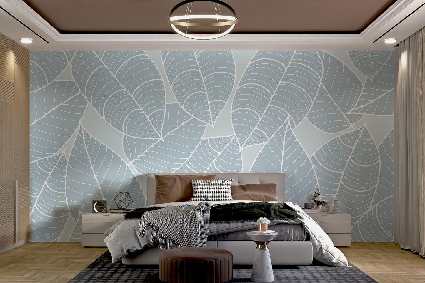 Nature-inspired wallpaper with soft blue leaves
