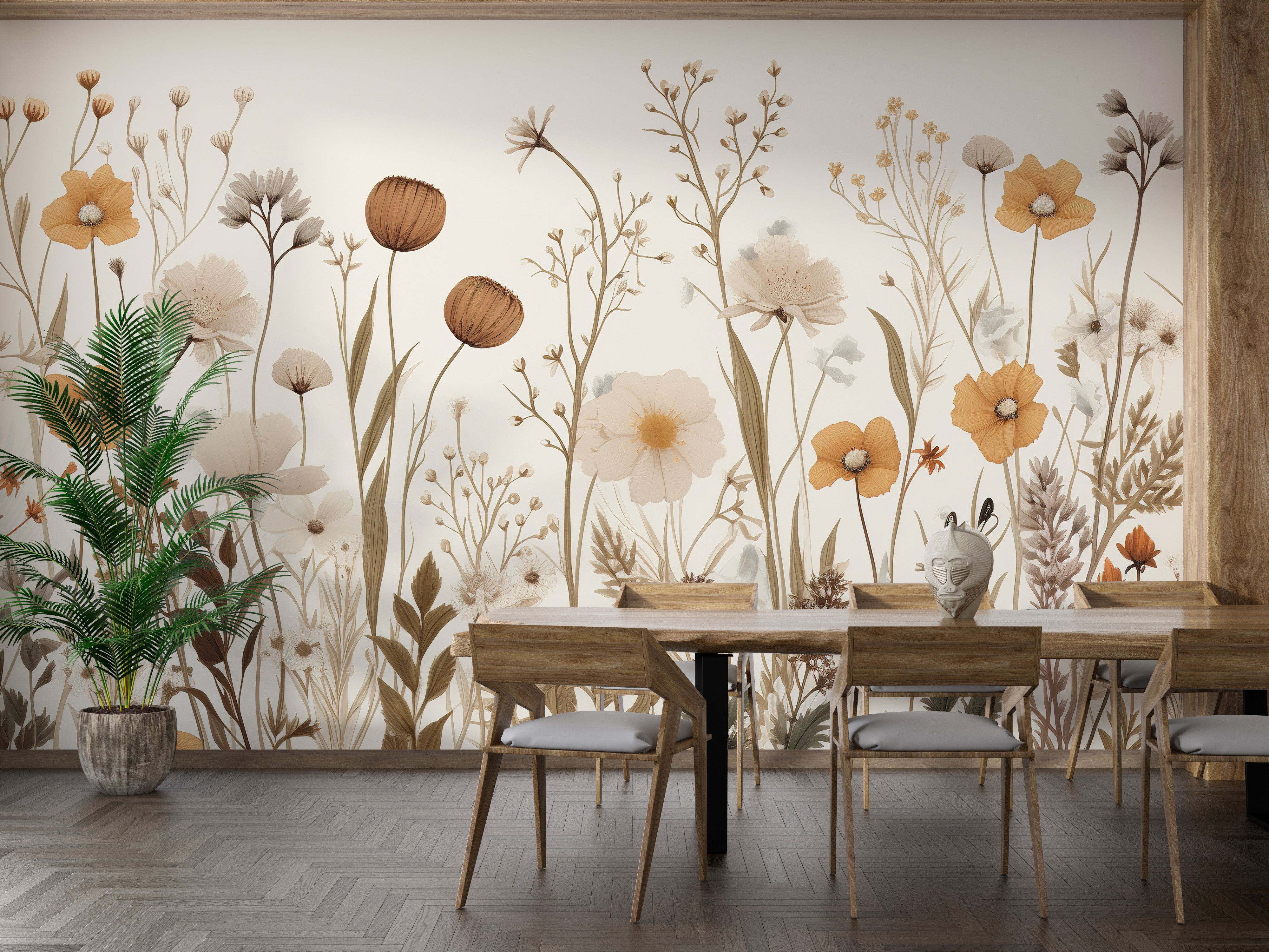 Soft neutral floral wallpaper for interiors
