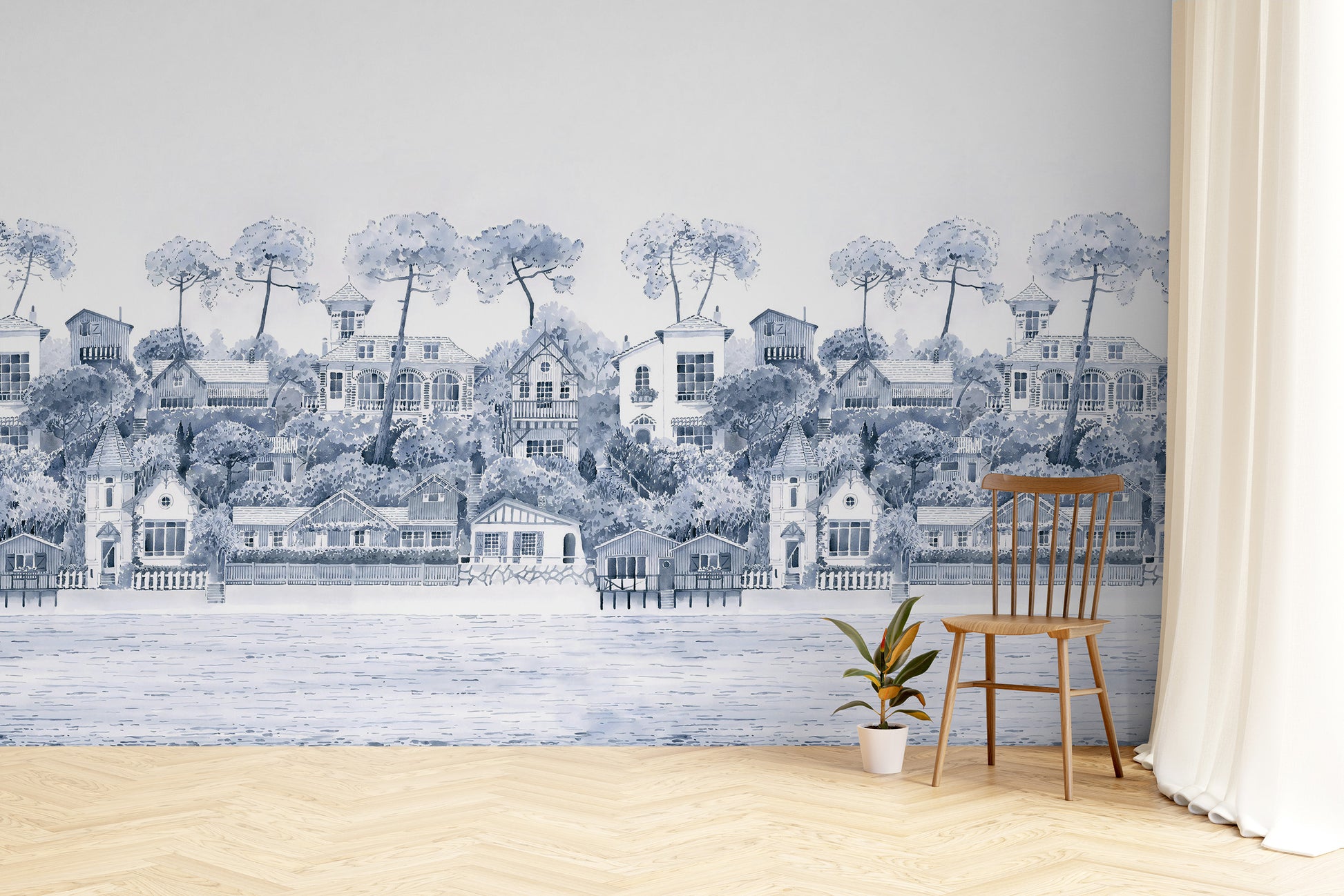 Gentle coastal village mural with a watercolor effect
