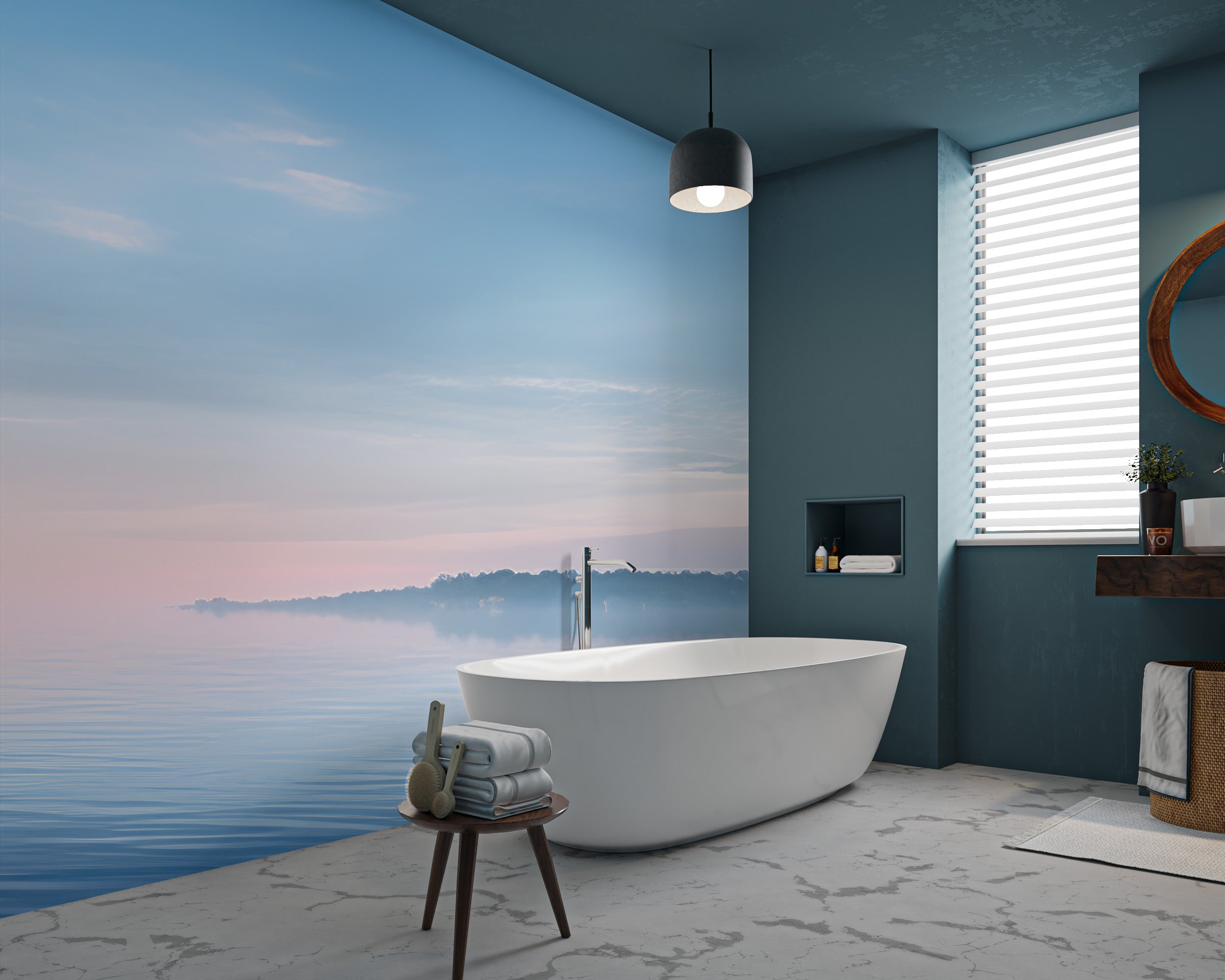 Serene bay calm water wallpaper with soft blue hues
