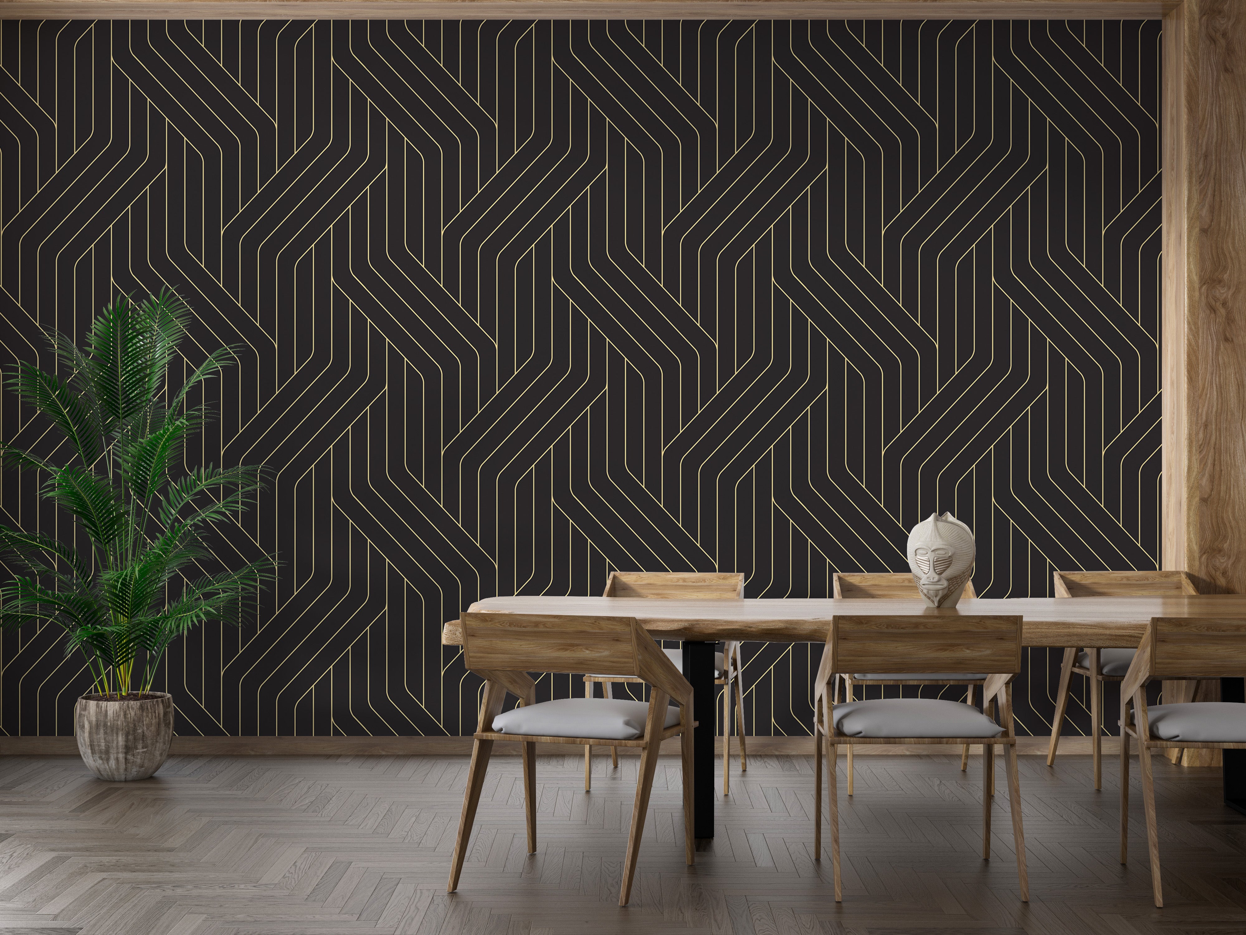 Black wallpaper with gold rounded Deco lines.