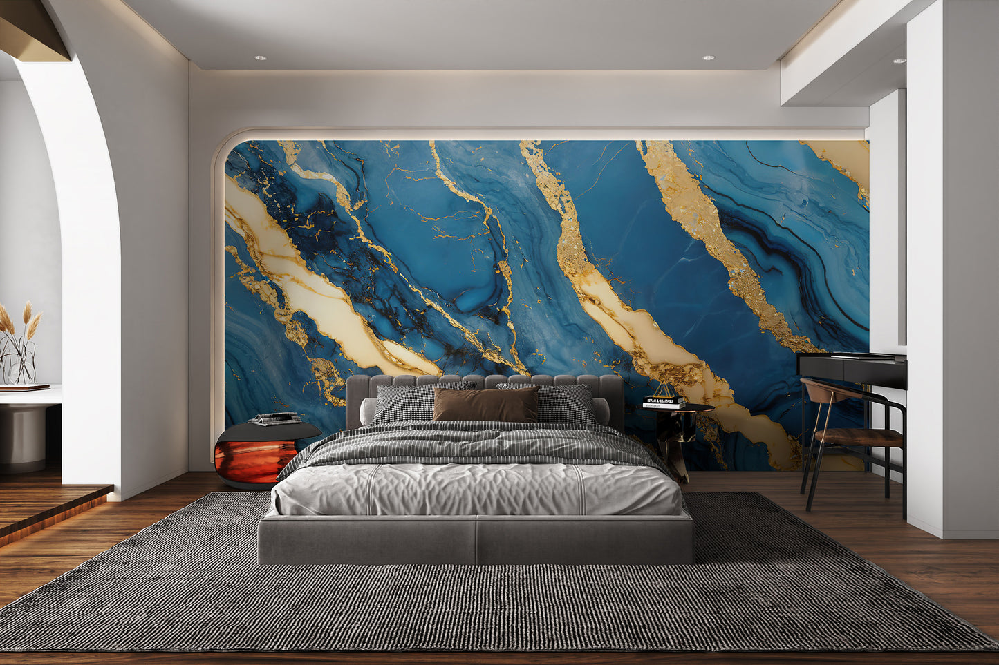 Blue and gold marble texture with fluid patterns
