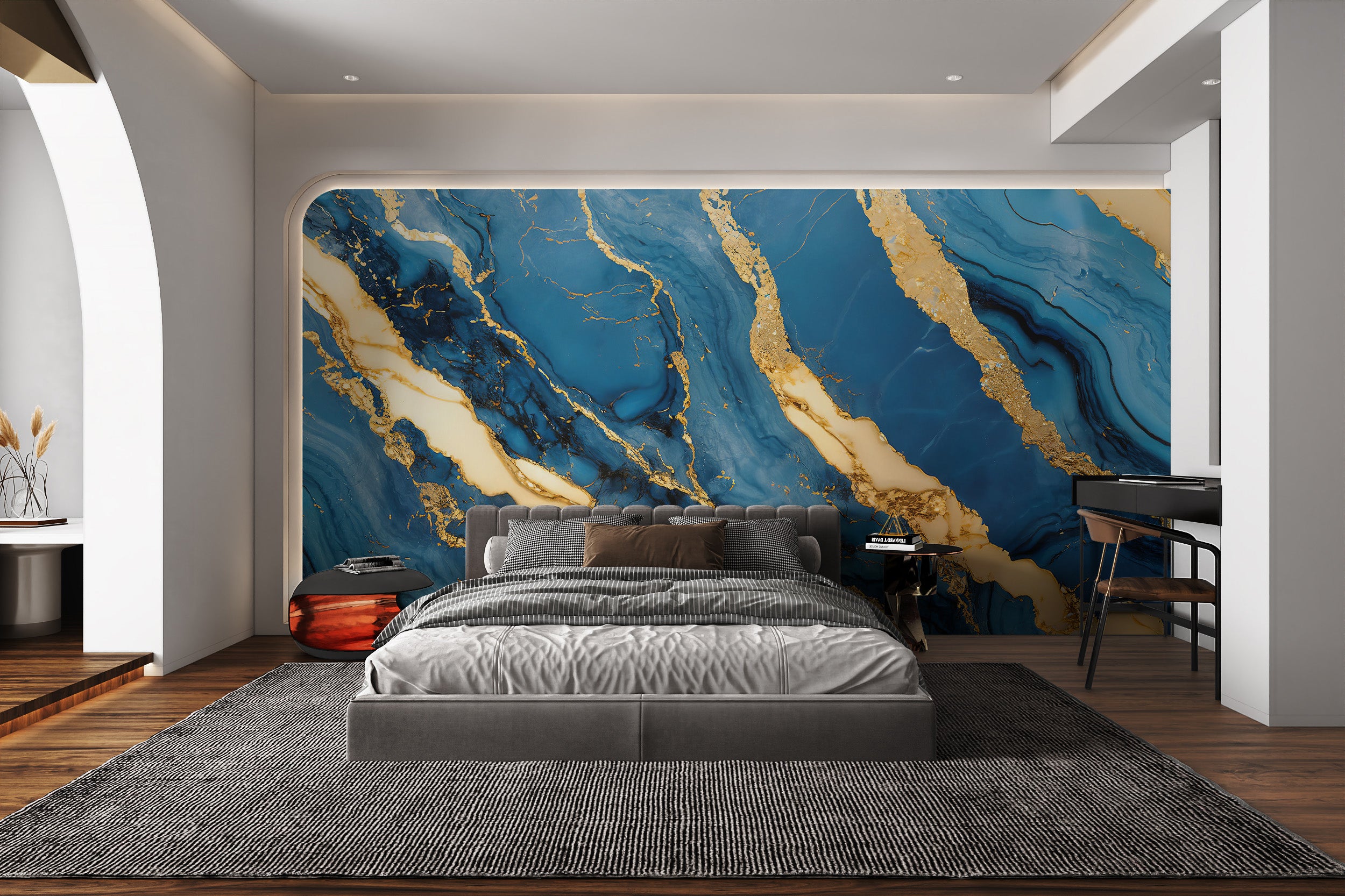 Blue and gold marble texture with fluid patterns
