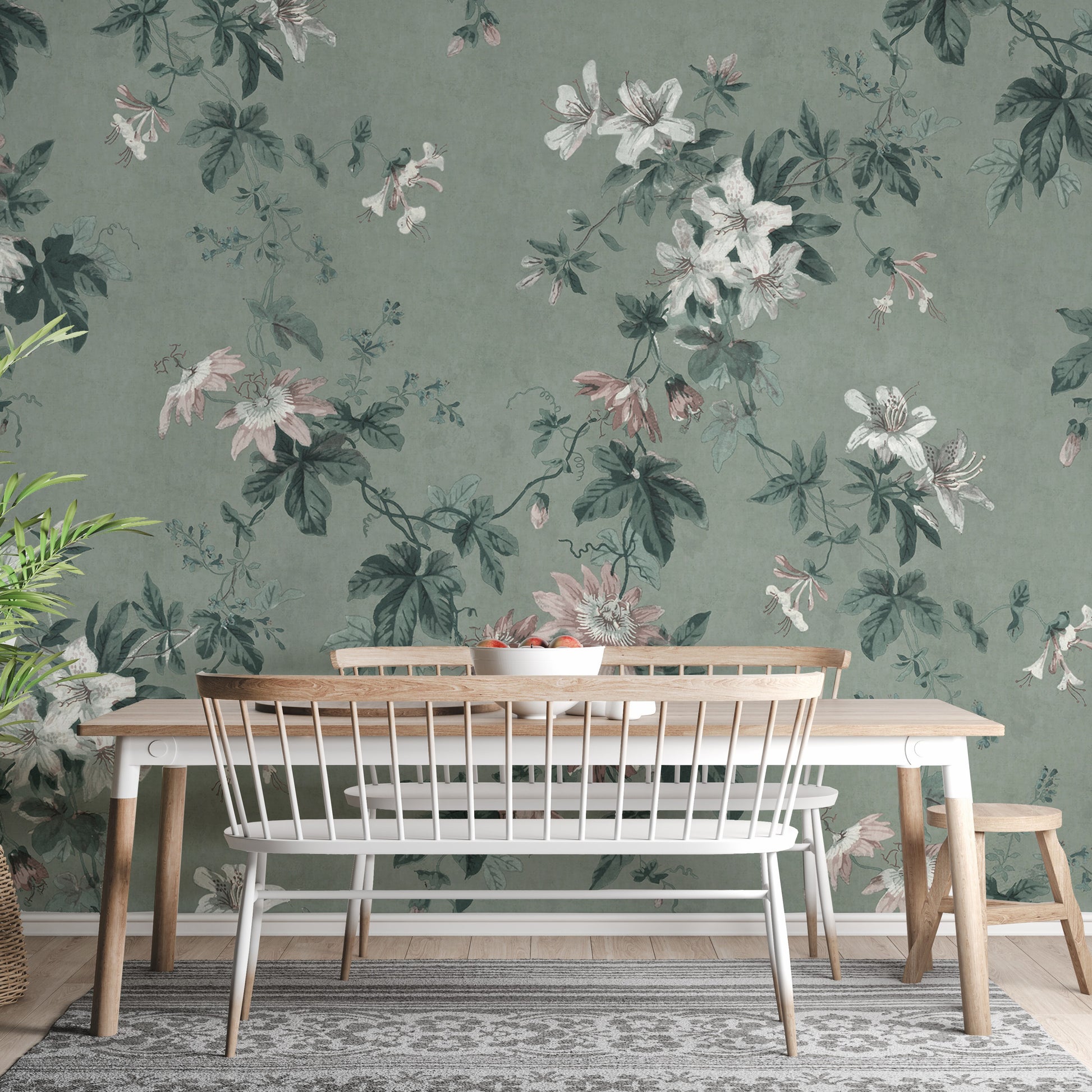 Intricate green chinoiserie design for upscale interiors
