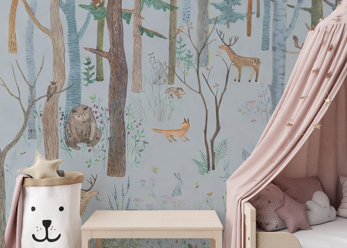 Woodland wildlife peel-off mural for tranquil wall design