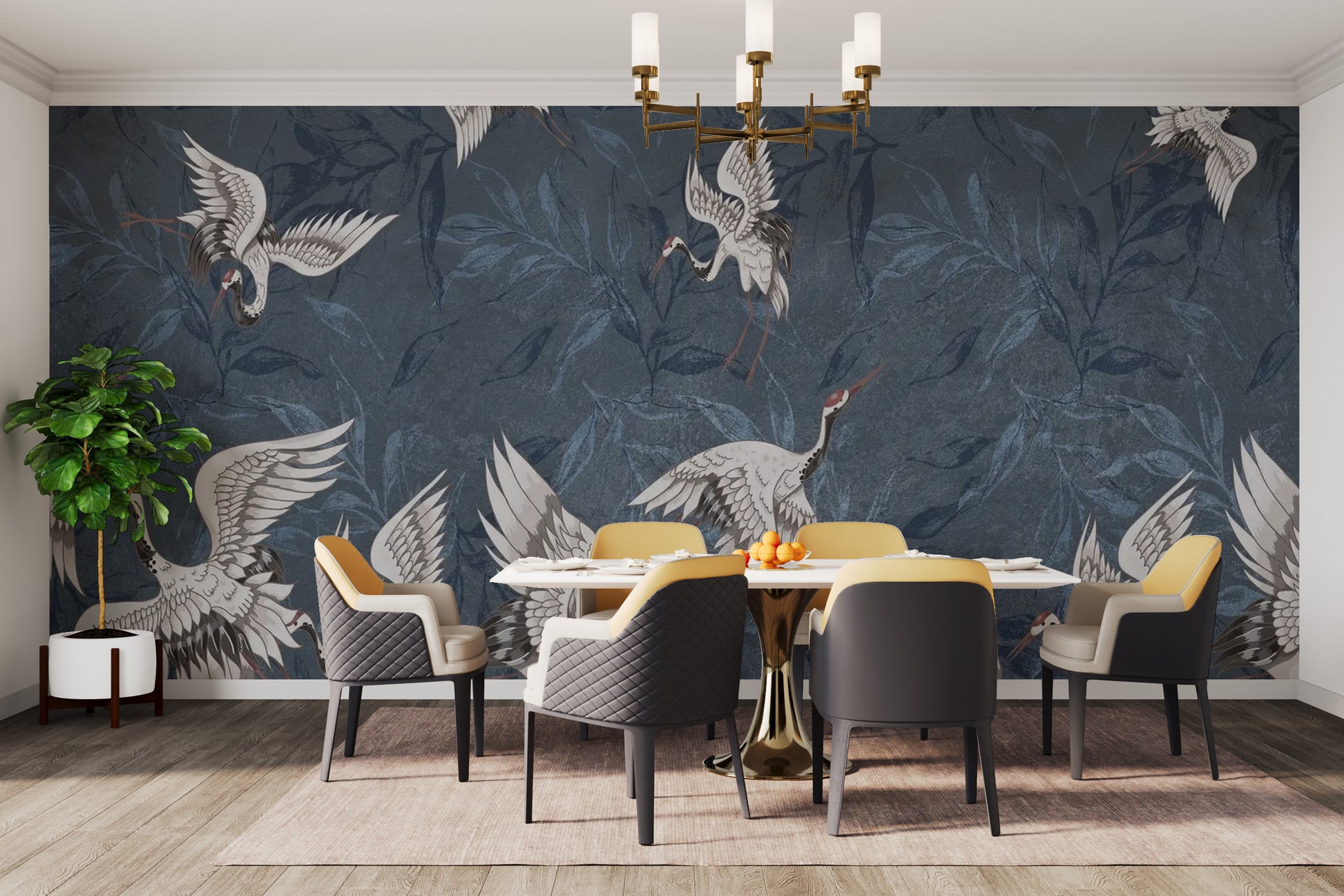 Blue grunge leaves and crane wallpaper for artistic decor
