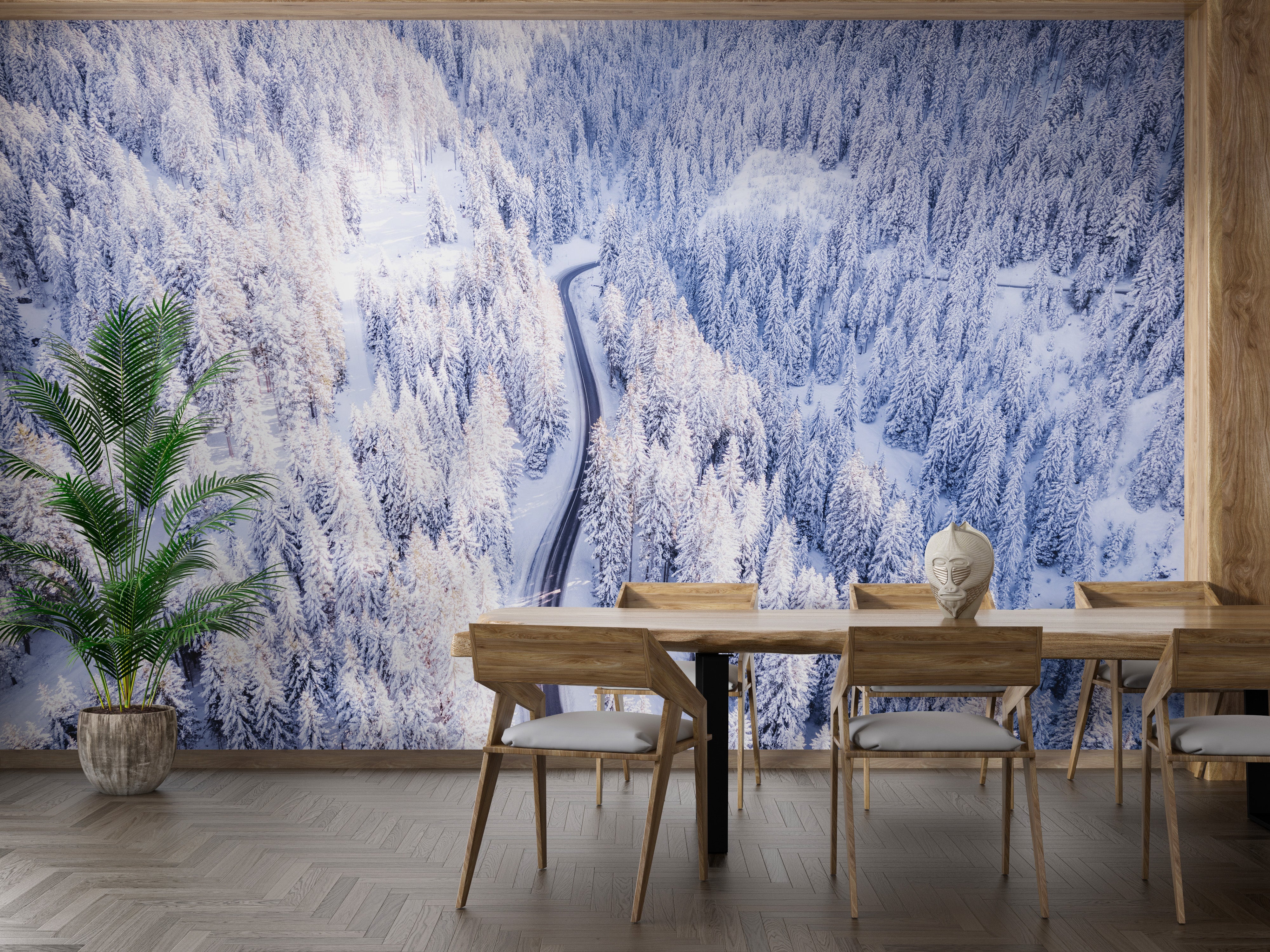 Scenic snowy woodland wallpaper design
